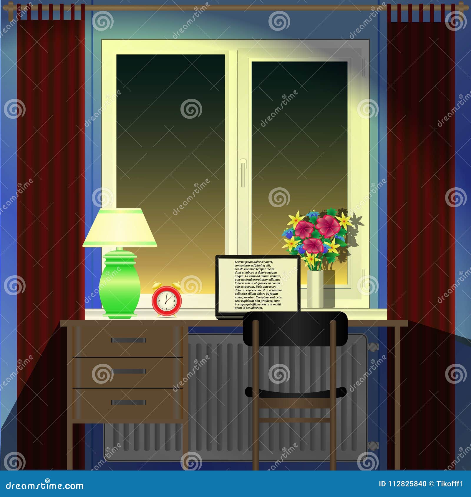 room, desk, laptop, alarmclock, lamp and window evening
