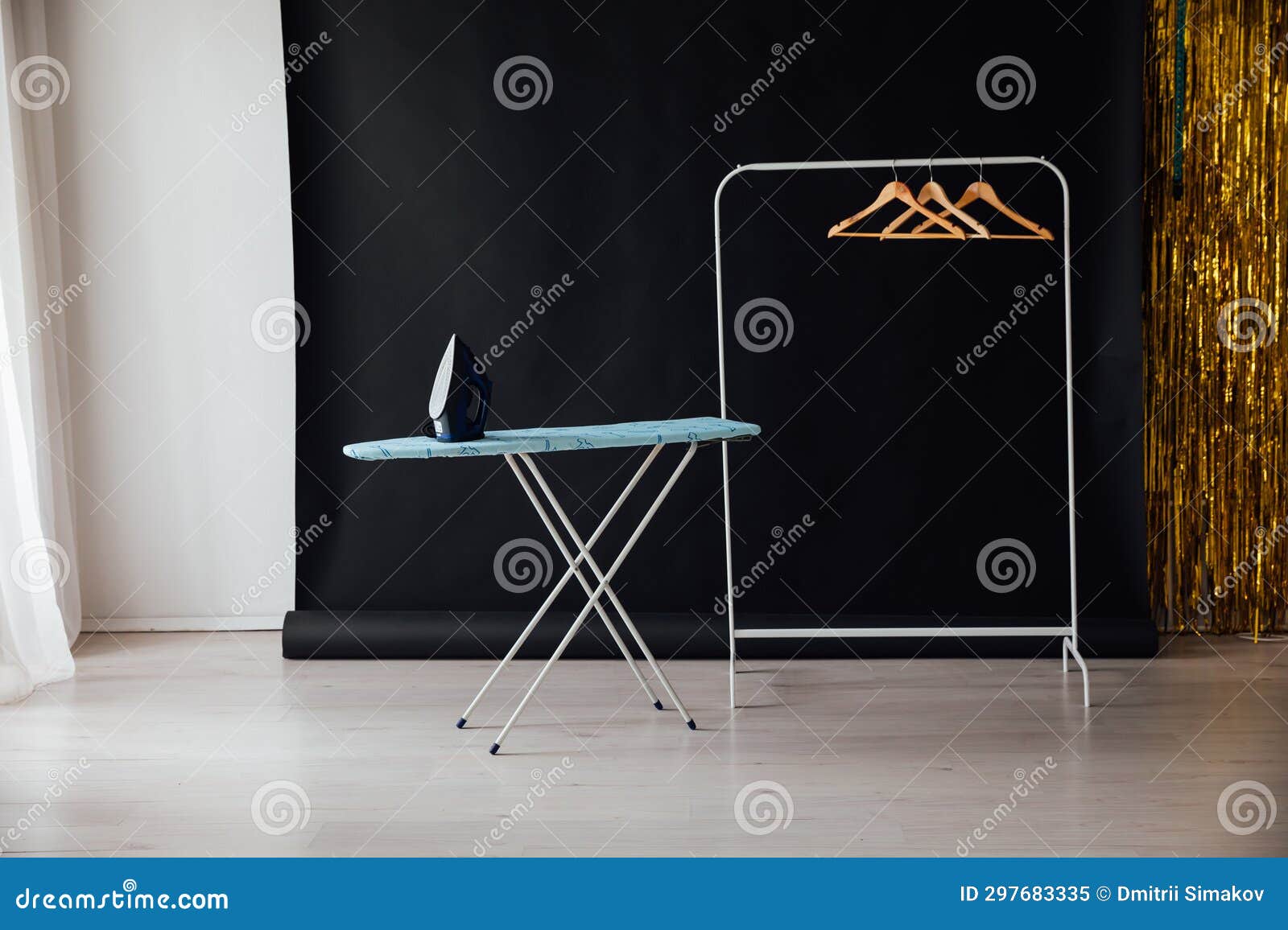 Room Interior with Iron, Ironing Board and Clothes Hanger Stock Image