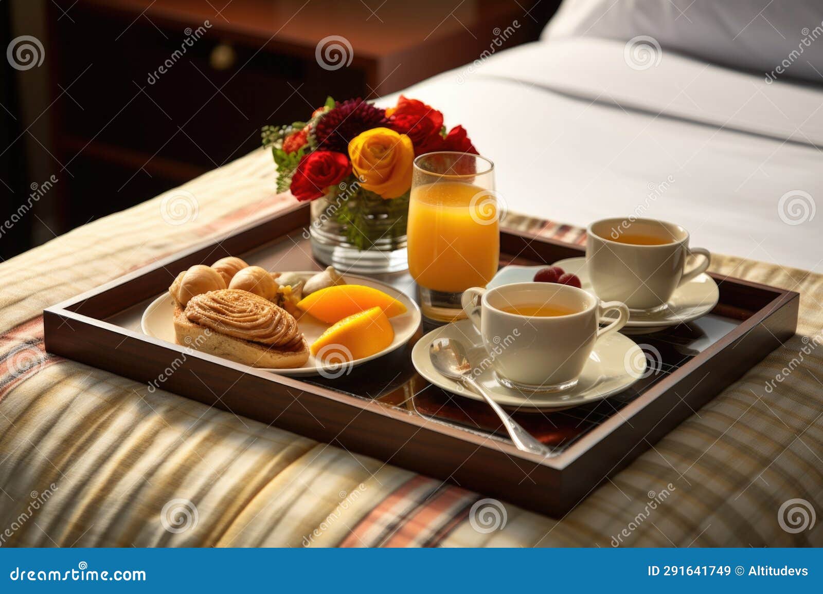 Room Service Breakfast Tray on a Comfortable Bed Stock Image Image of