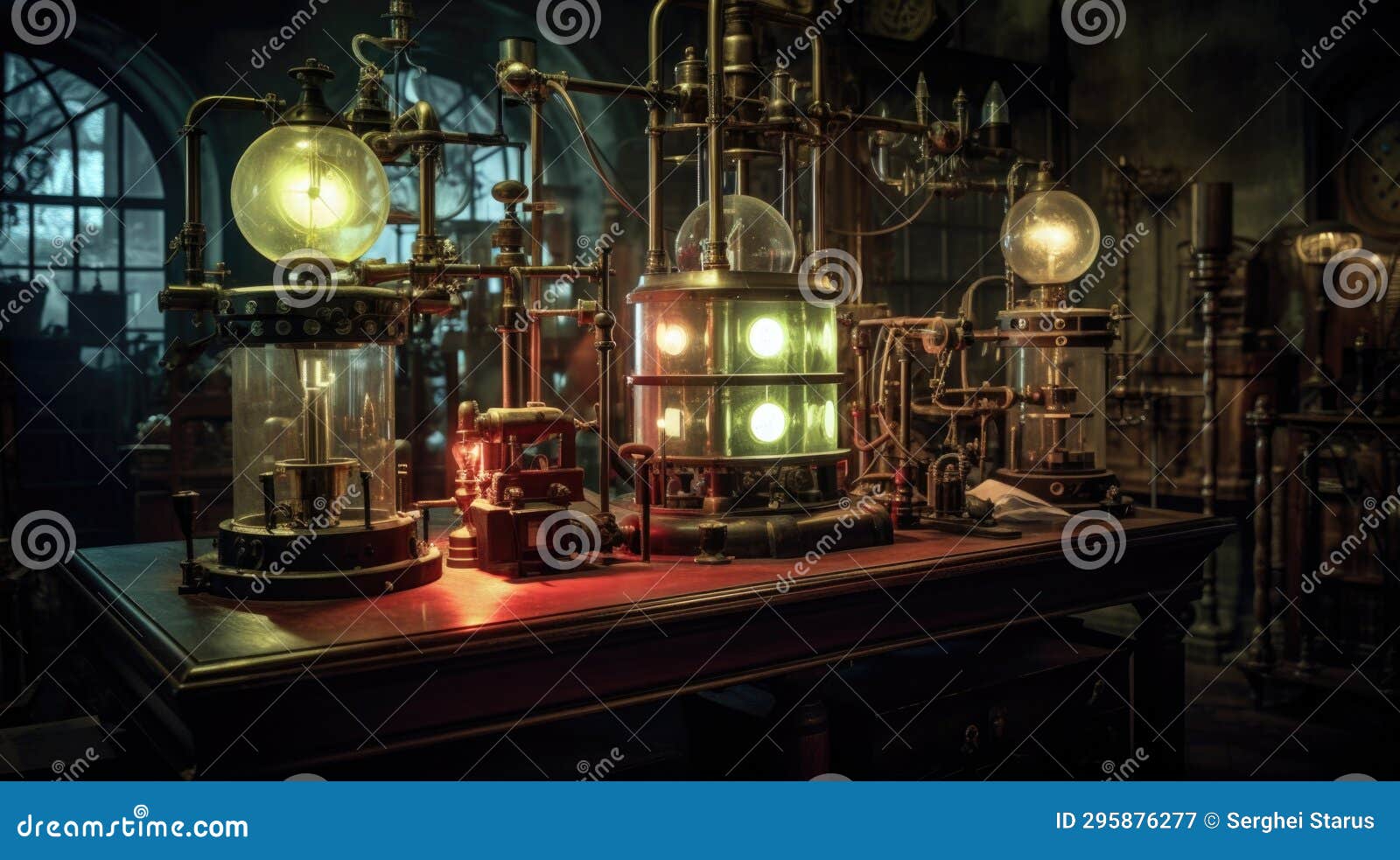 A Room with Several Steam Powered Devices on a Table, AI Stock Image