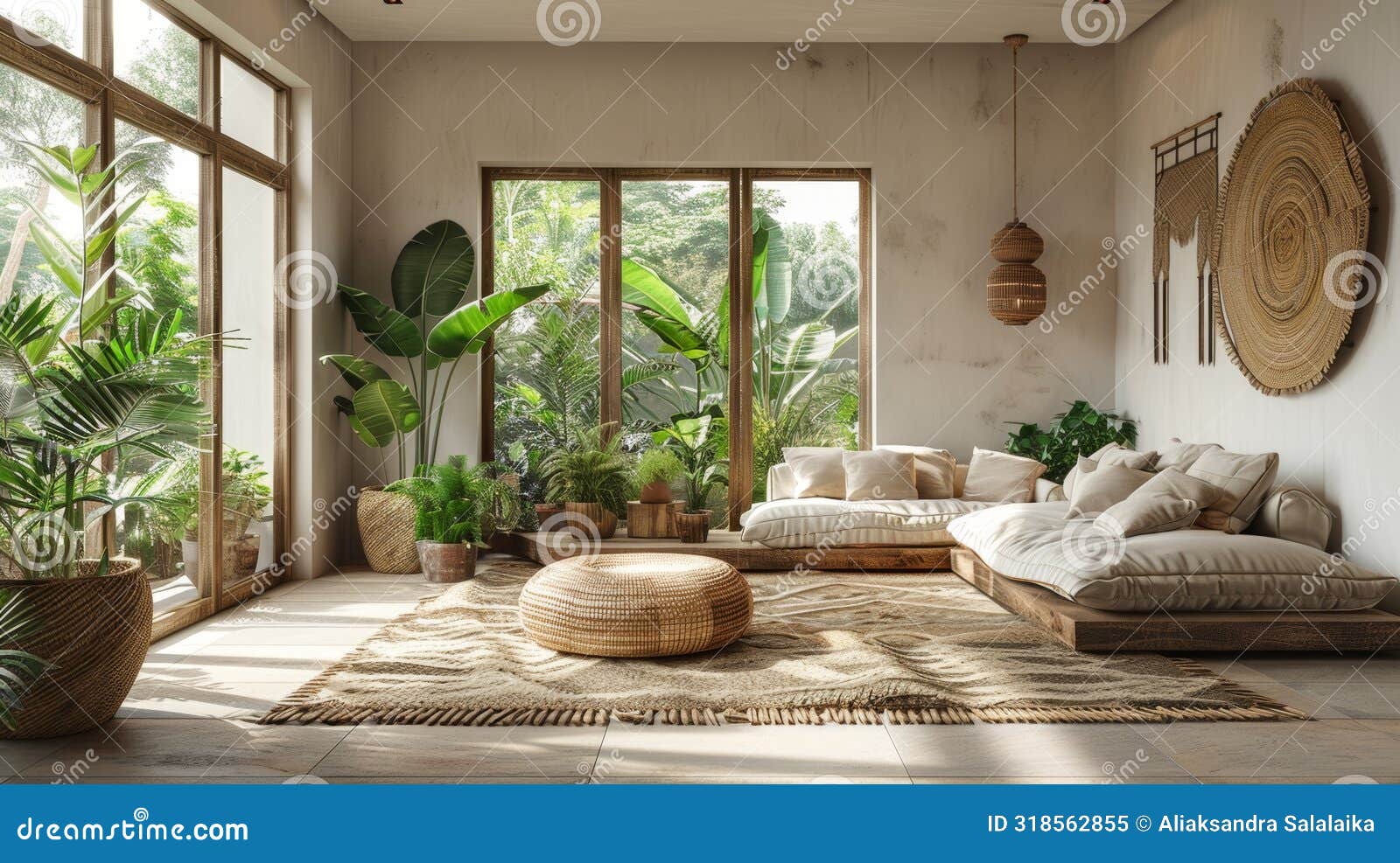 rooms filled with natural light, rattan furniture, plants, and macram, embodying the bohemian living style