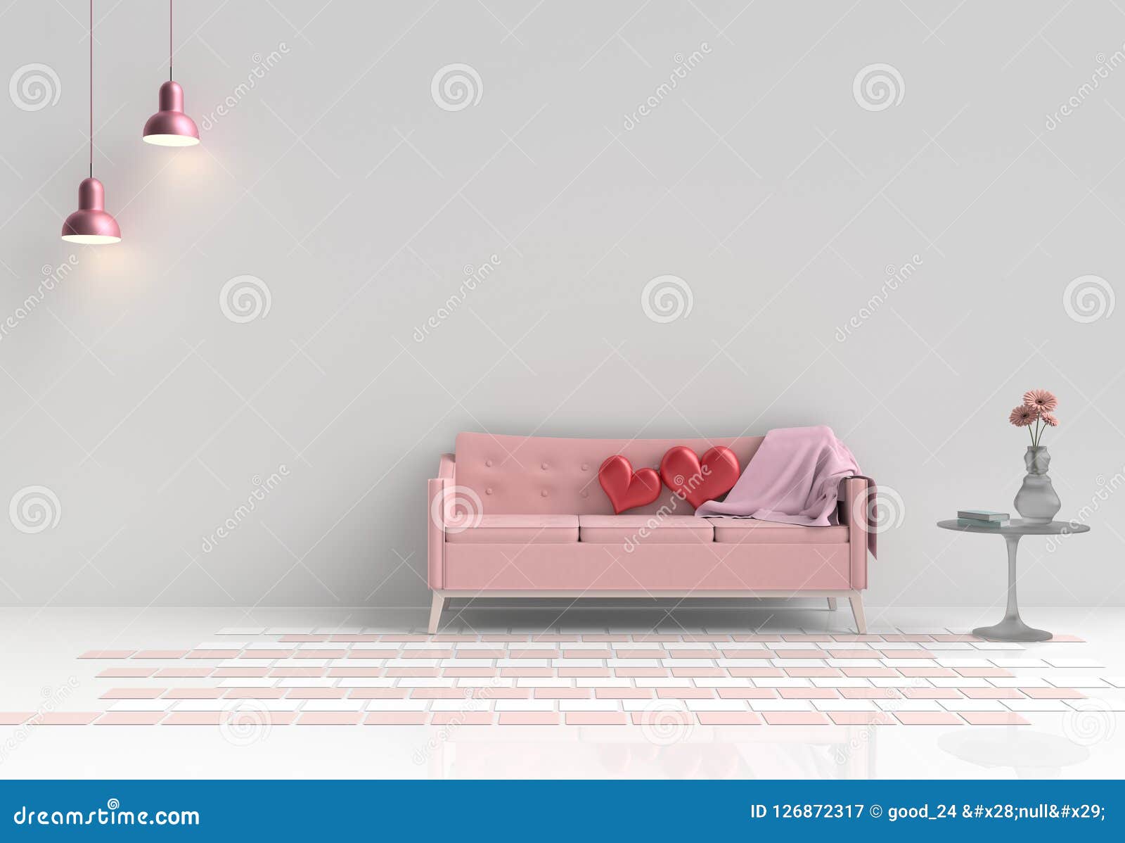 rooms of love on valentine`s day. background and interior. 3d rende