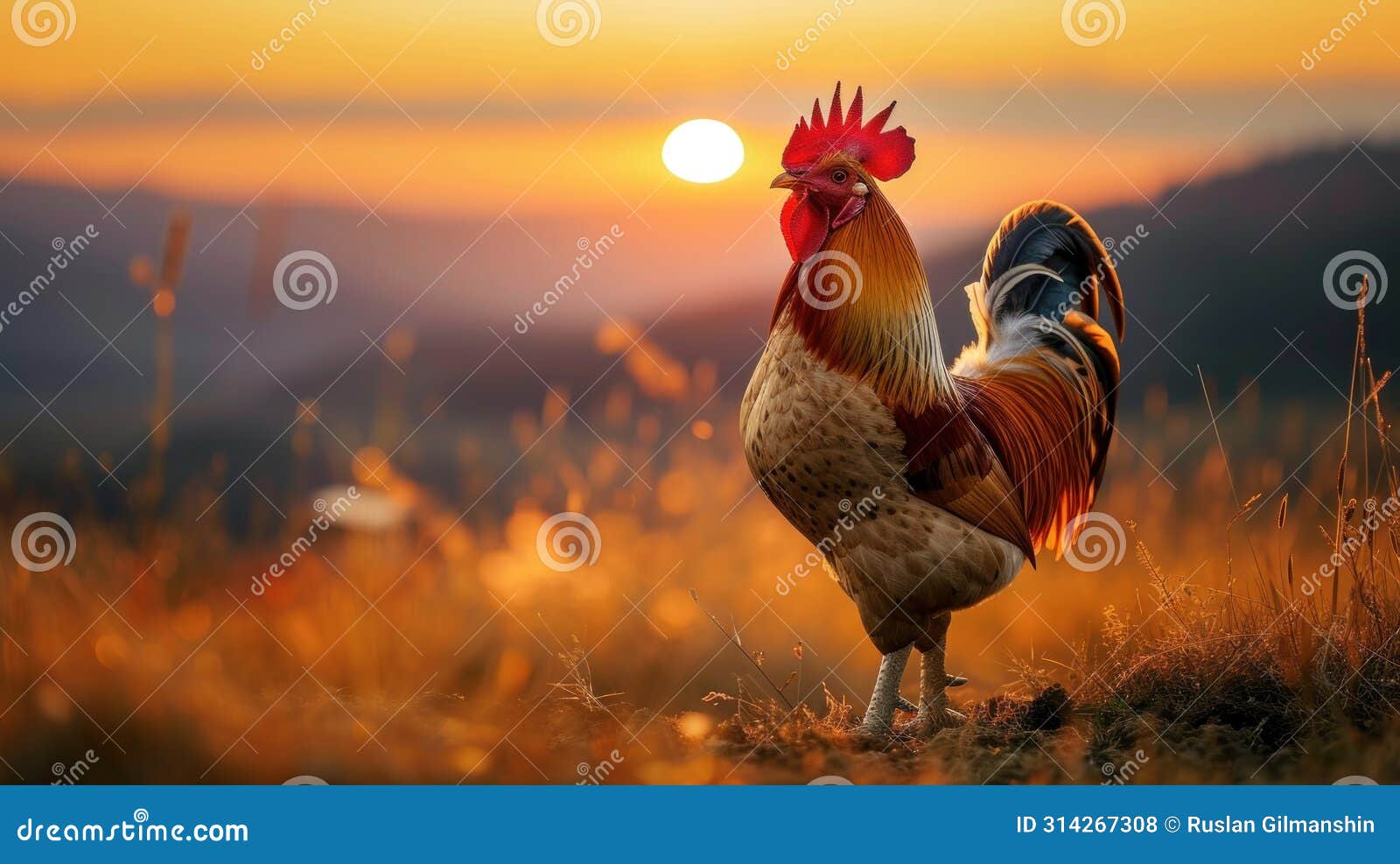 Rooster on Blurred Beautiful Sunrise Sky with Sun Light in Farm Autumn ...