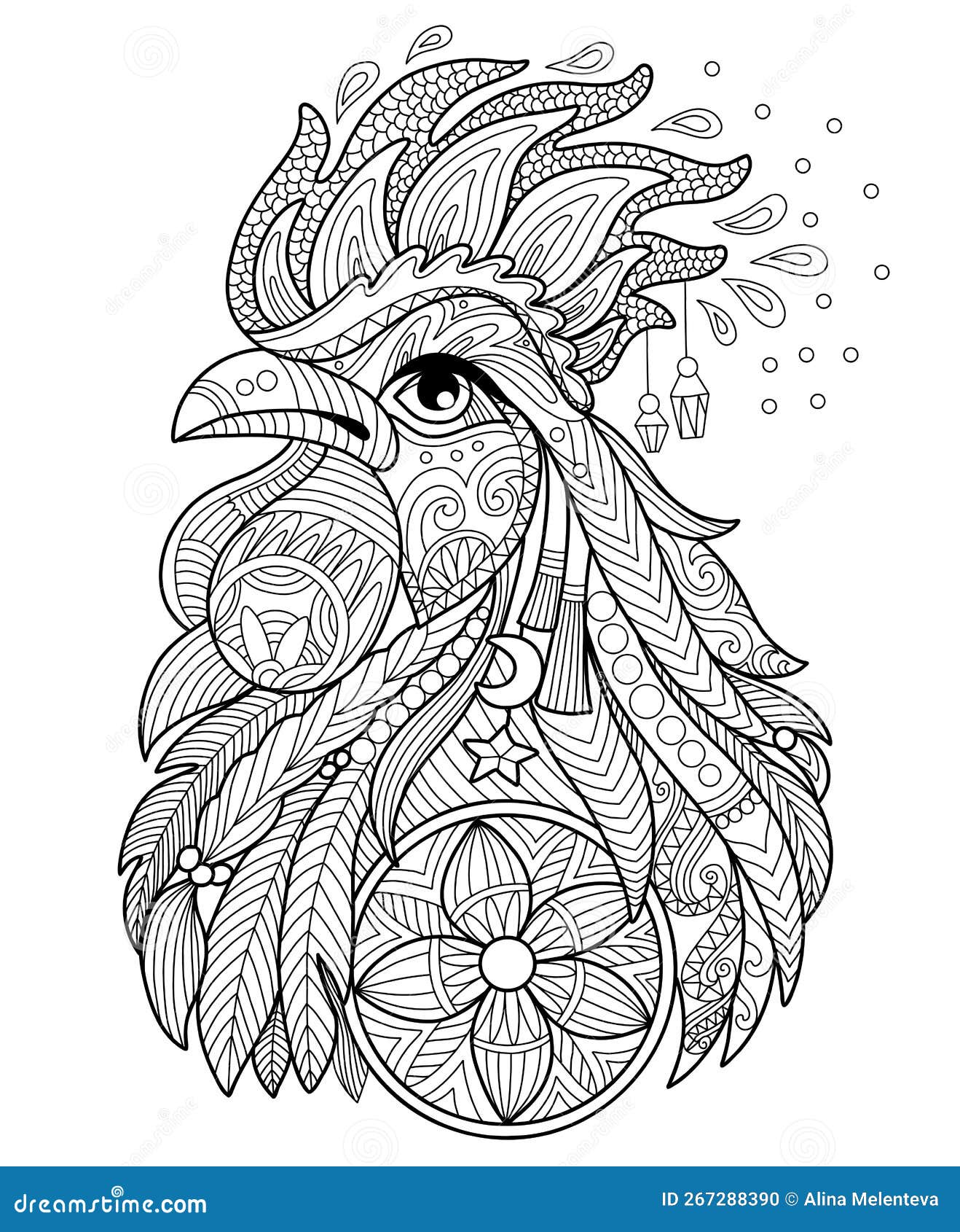 Rooster Head Adult Antistress Coloring Page Vector Stock Vector