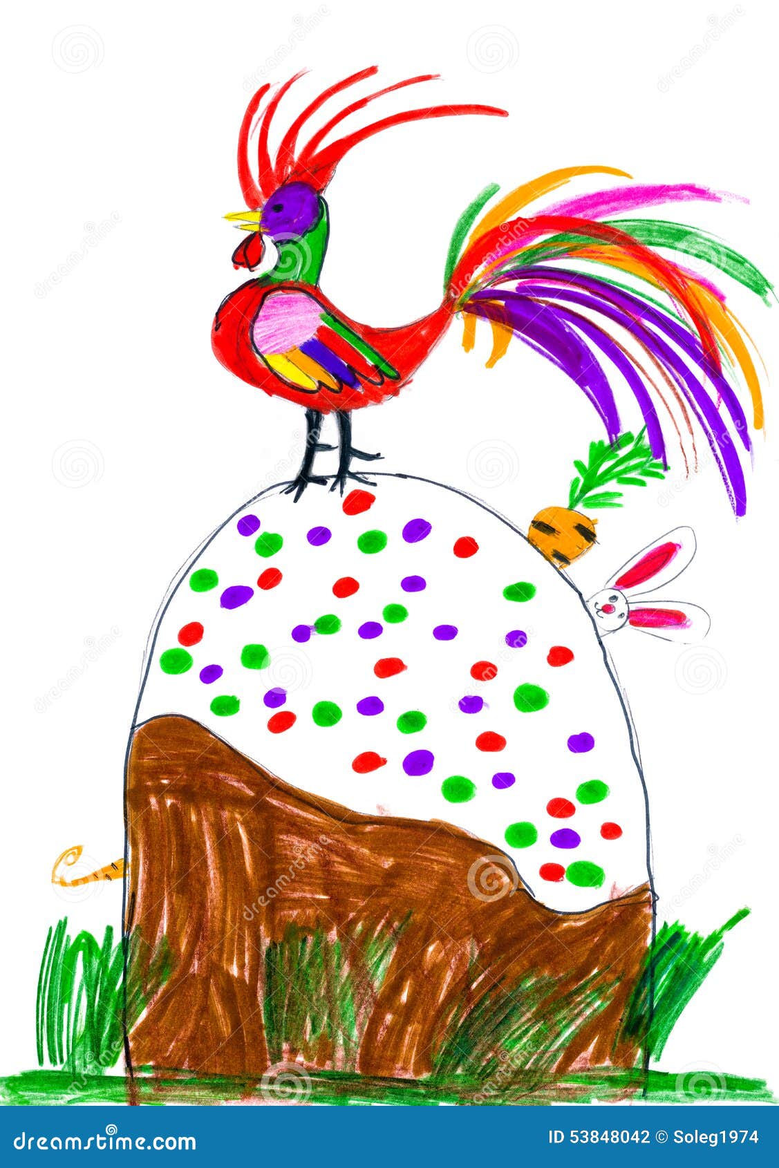 Rooster and Rabbit on Easter Cake. Childs Drawing Stock Illustration