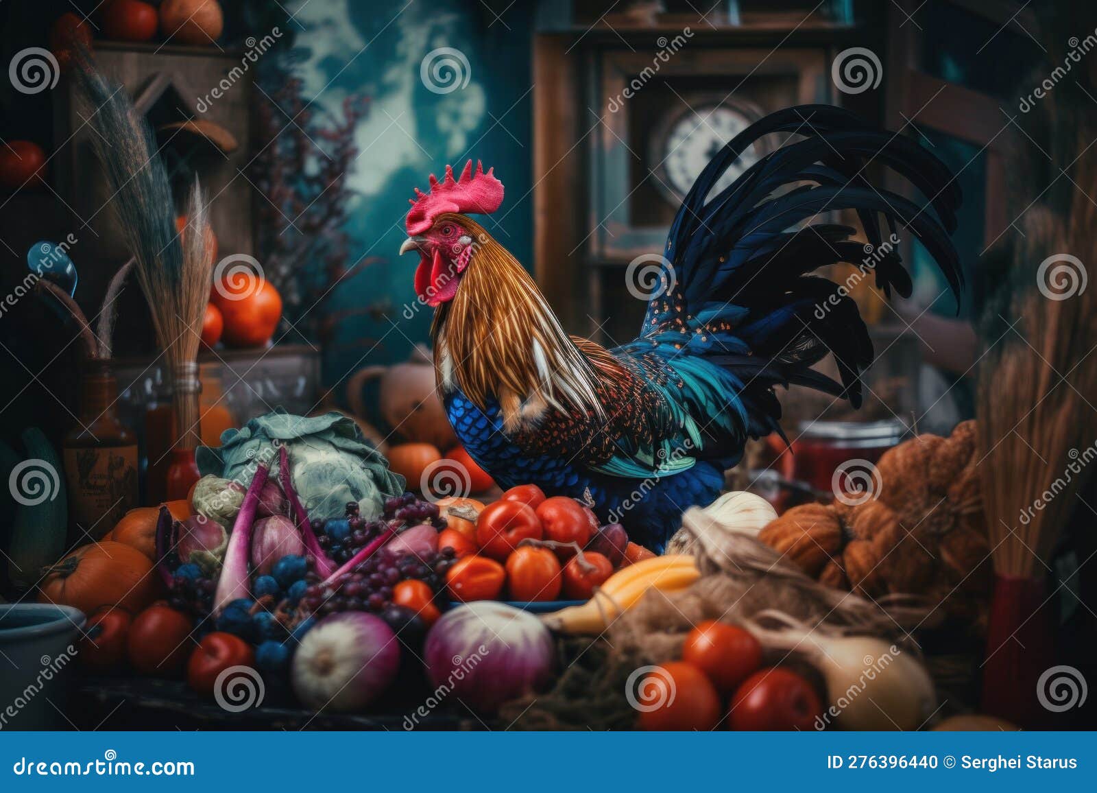 A Rooster Standing on Top of a Pile of Fruit and Vegetables. AI