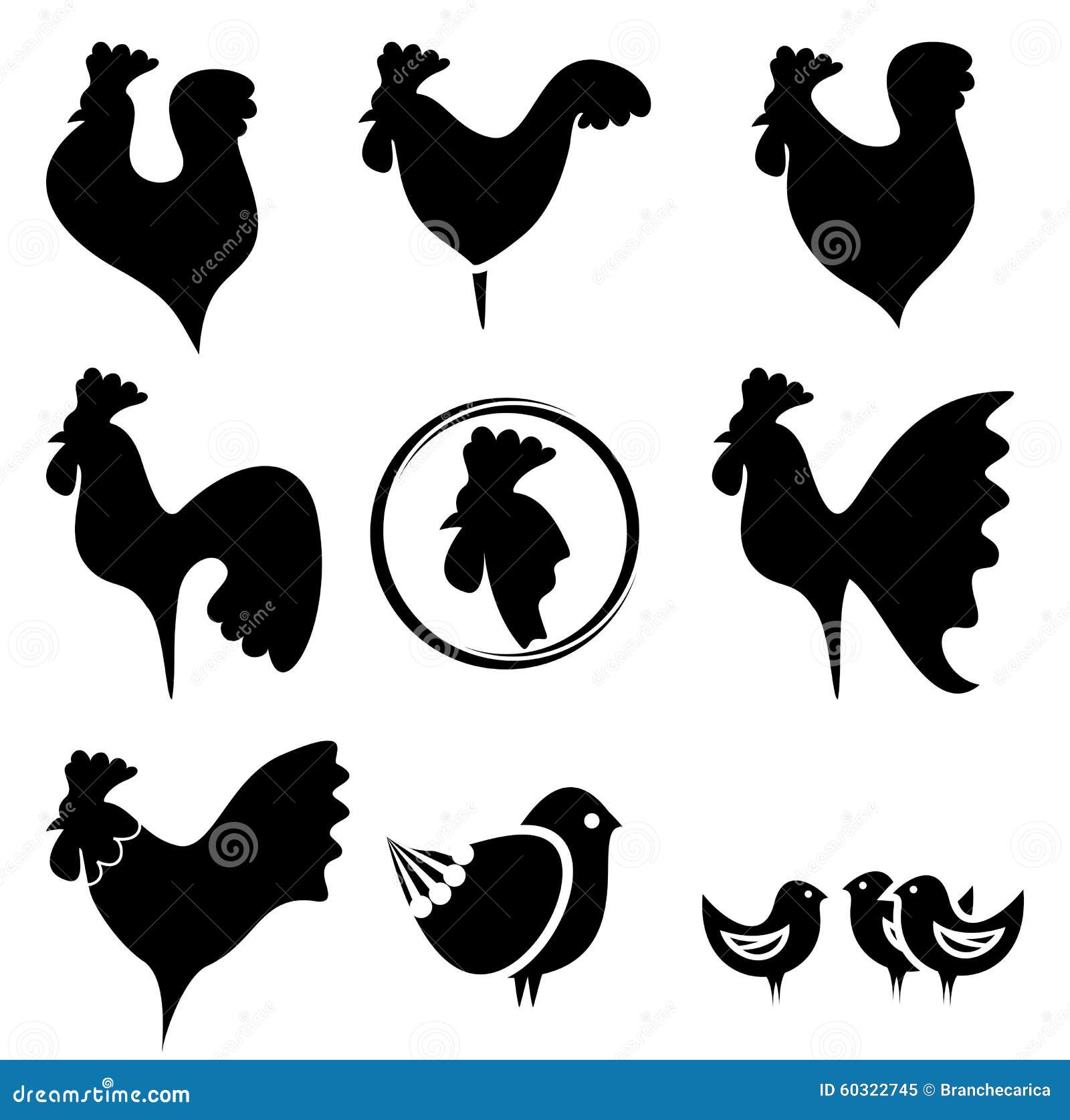 Roosters Standing In Different Positions, Silhouette Set Vector. Big