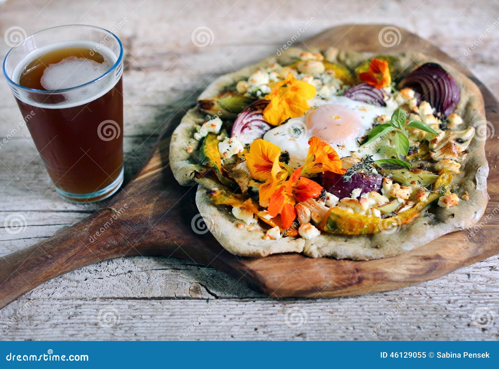 Root Vegetables Pizza With Cottage Cheese Egg And Flowers Stock