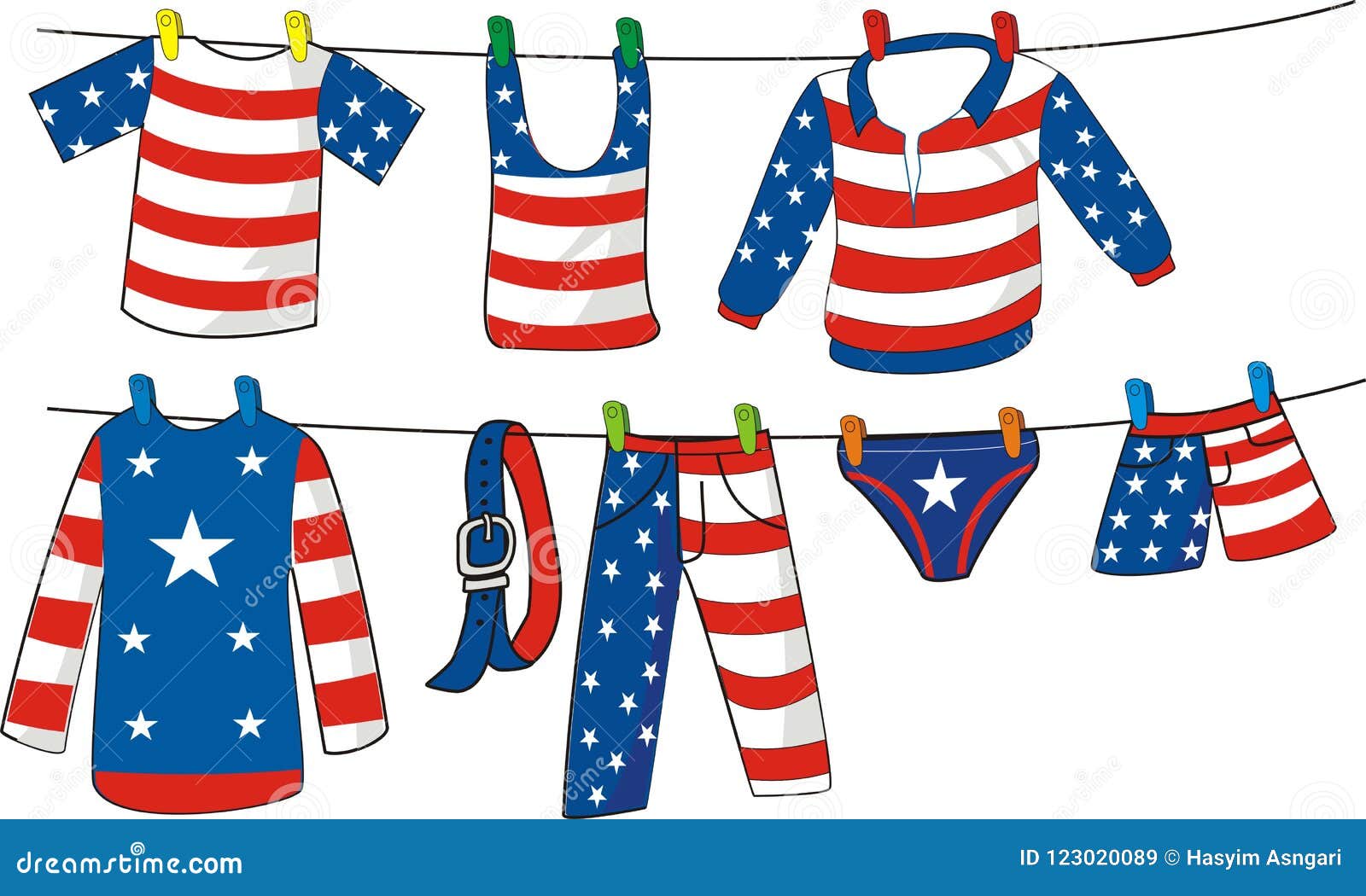 Ropa Americana Que Cuelga En Cuerda Para Tender La Ropa Stock de  ilustración - Ilustración de housework, pantalones: 123020089