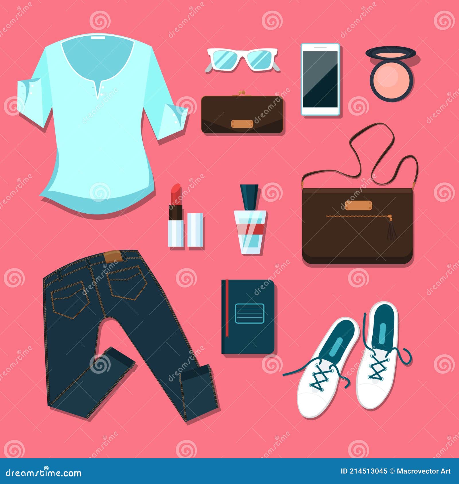 Ropa De Mujer Joven Y Accesorios Outfit Ilustración del Vector -  Ilustración de bolso, alineada: 214513045