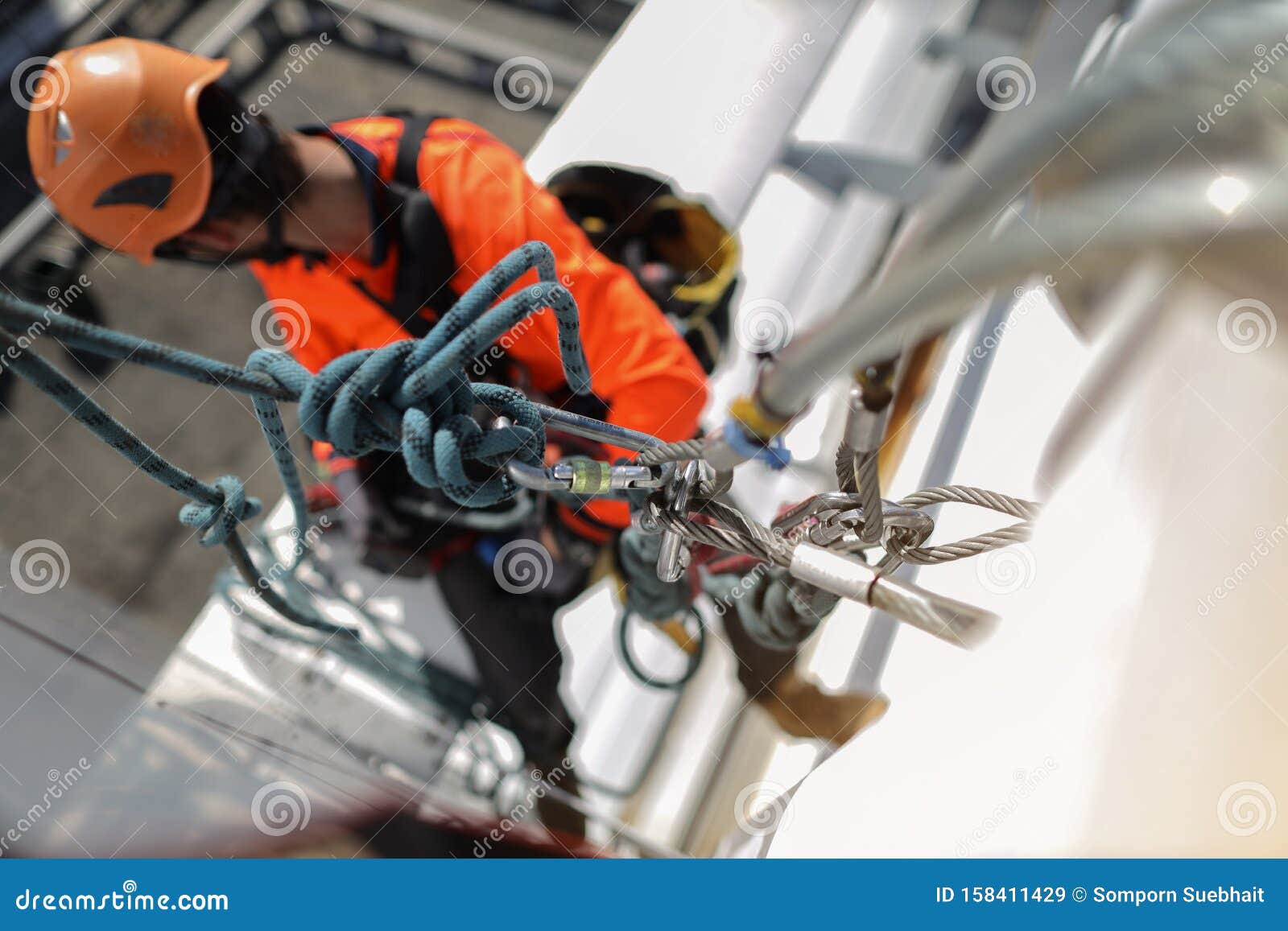 Rope Access Worker Rigged Anchor Point with Wire Rope Slings Standard 6x36  IWRC B with Thimble or Soft Eyes Stock Image - Image of closeup, belay:  158411429