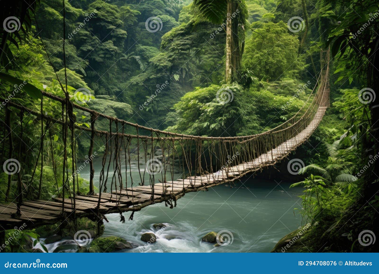 A Rope Bridge Suspended Over a Jungle River Stock Photo Image of