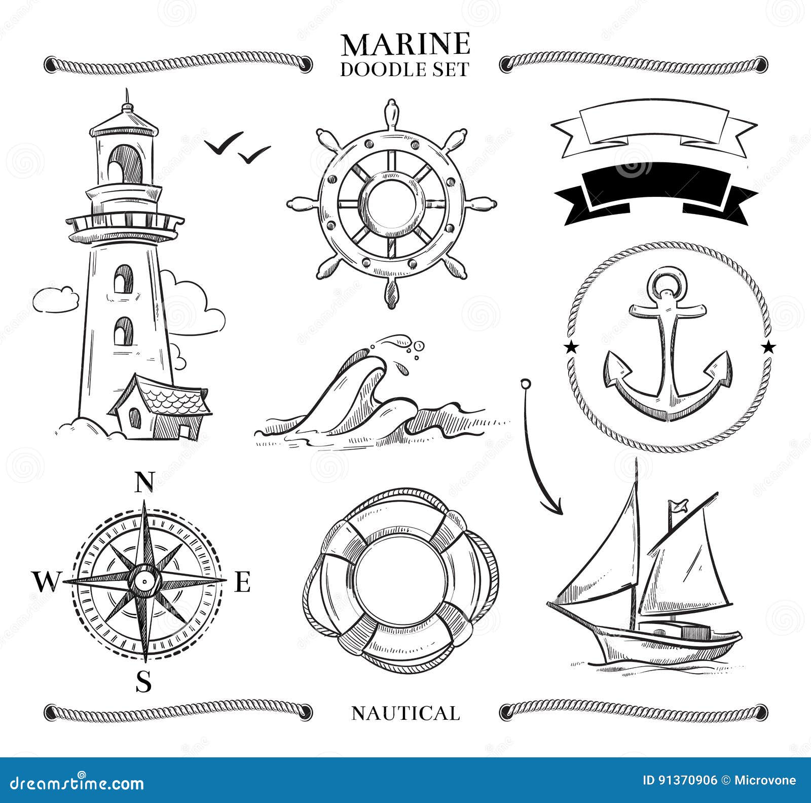 rope frames, boats, marine knots, anchors nautical  doodle set