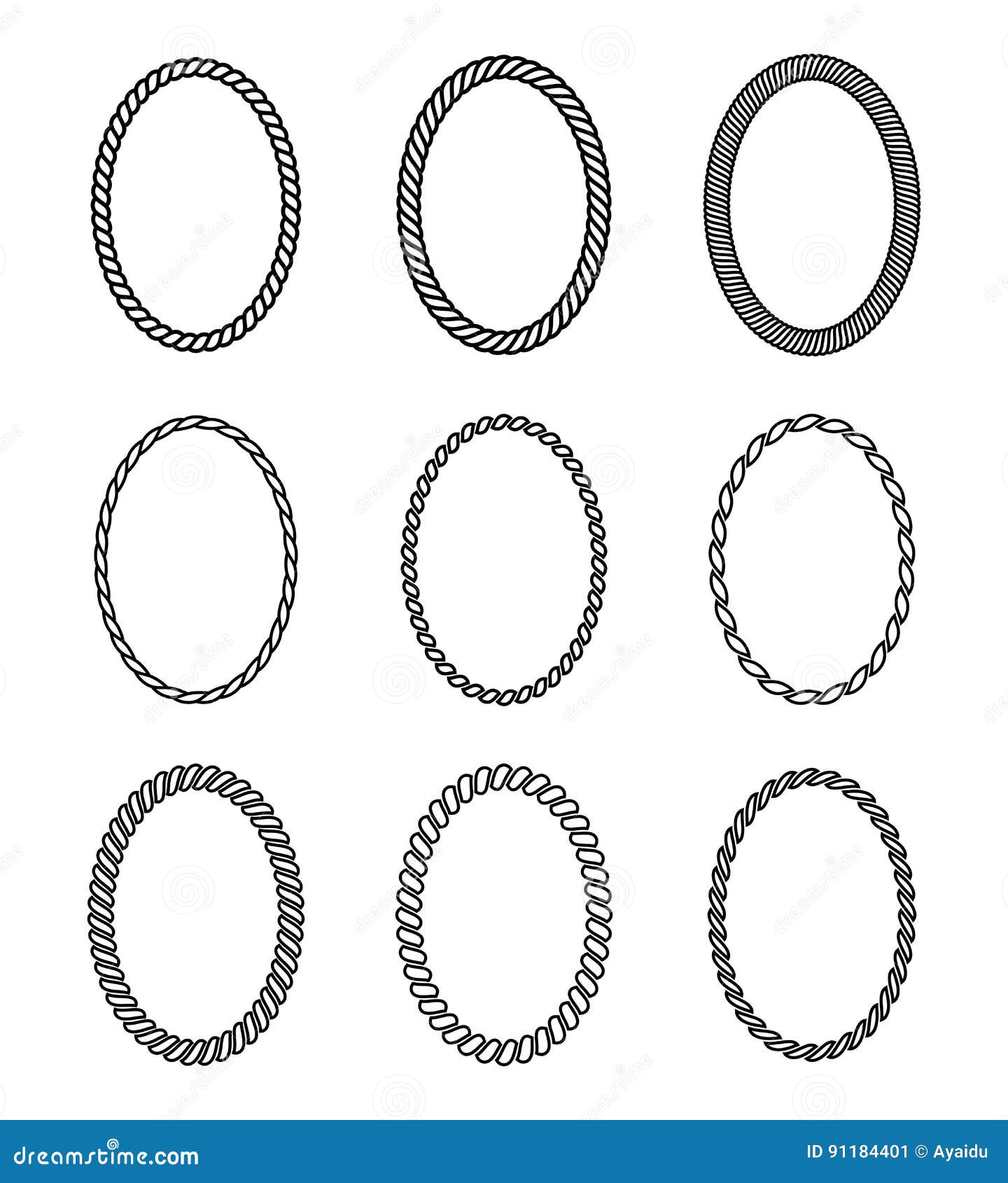 rope set of oval frames. collection of thick and thin bor