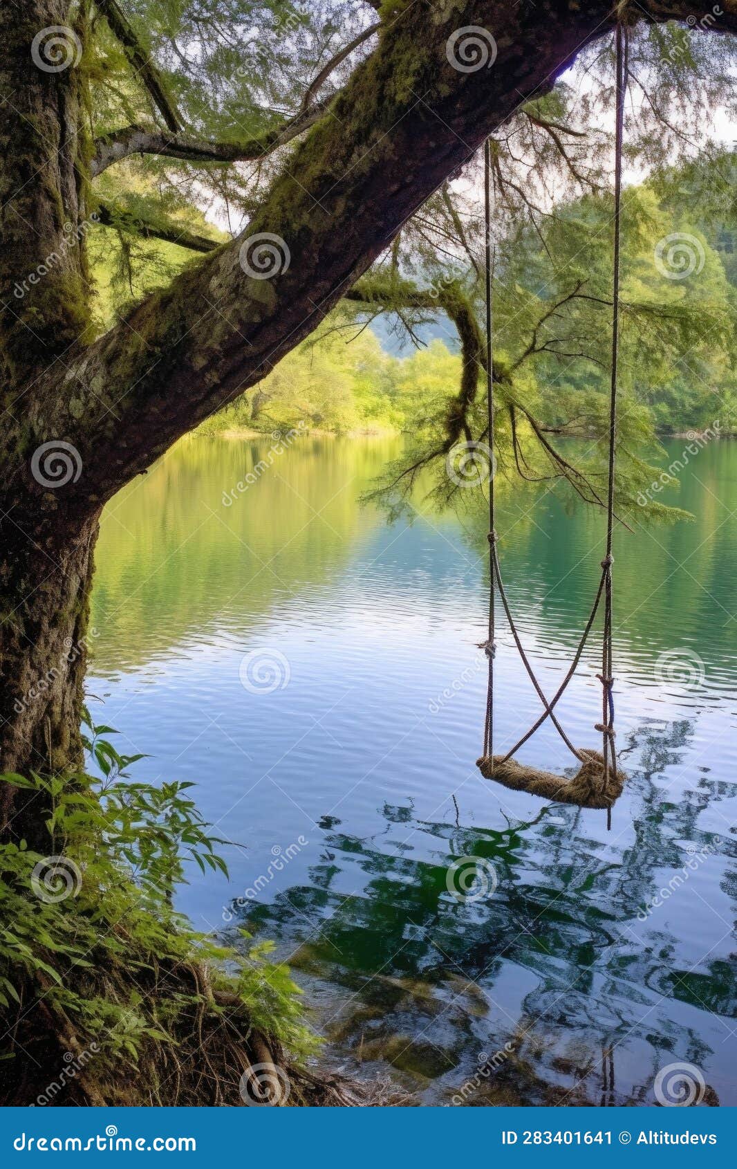 Rope Swing Tied To Tree Branch, Overlooking Scenic Lake Stock