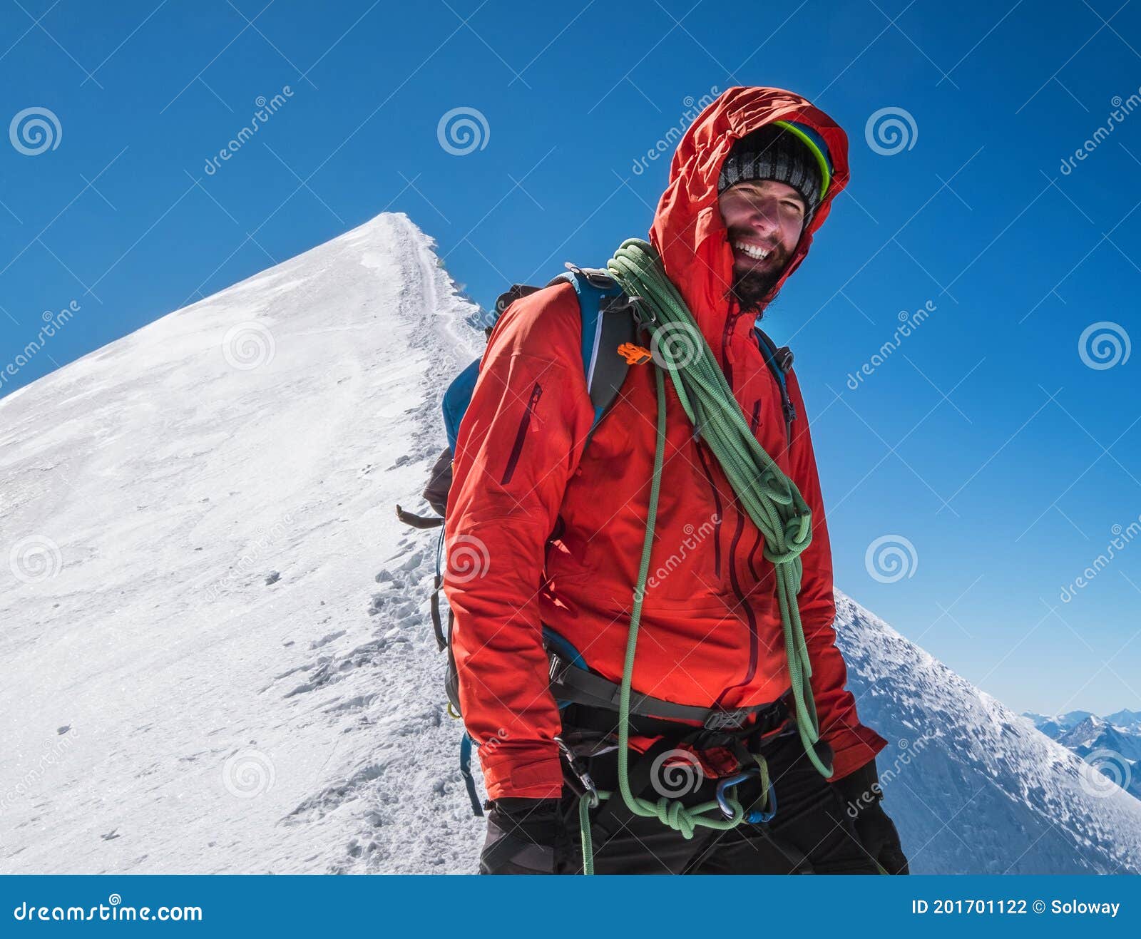rope team happy smiling man in climbing harness dressed red mountaineering clothes last steps before mont blanc monte bianco