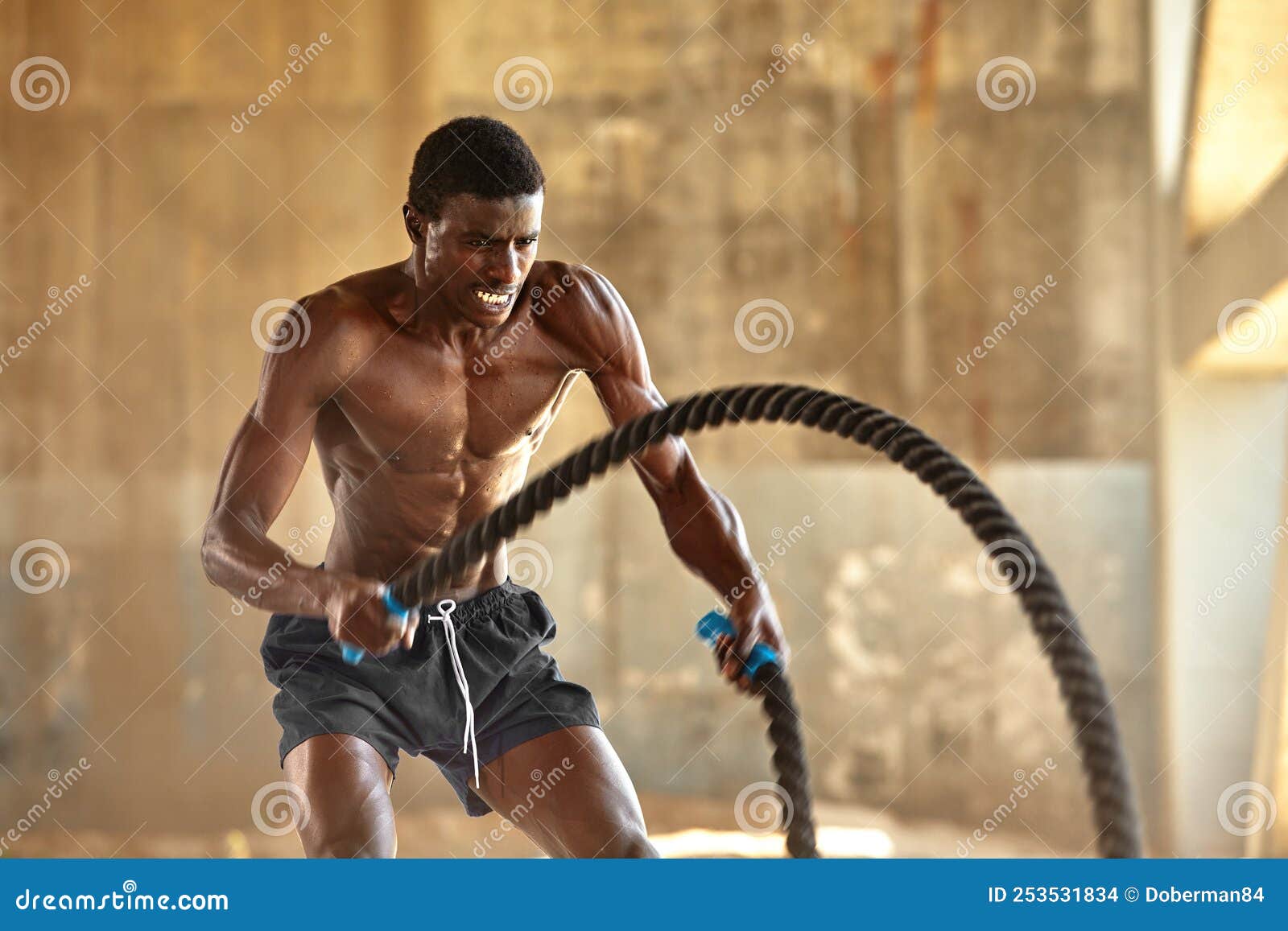 Rope Workout. Sport Man Doing Battle Ropes Exercise Outdoor Stock Photo -  Image of portrait, healthy: 253531834
