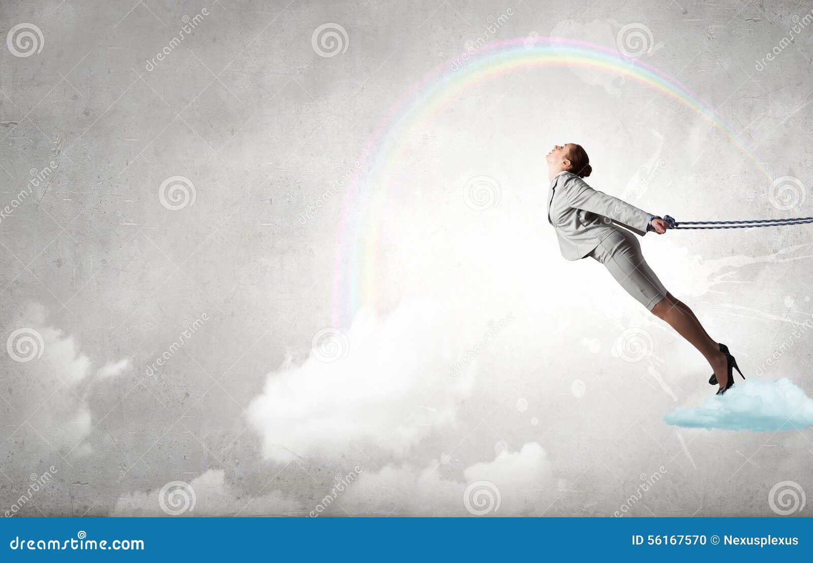 Roped businesswoman. Young businesswoman with ropes on hands trying to fly