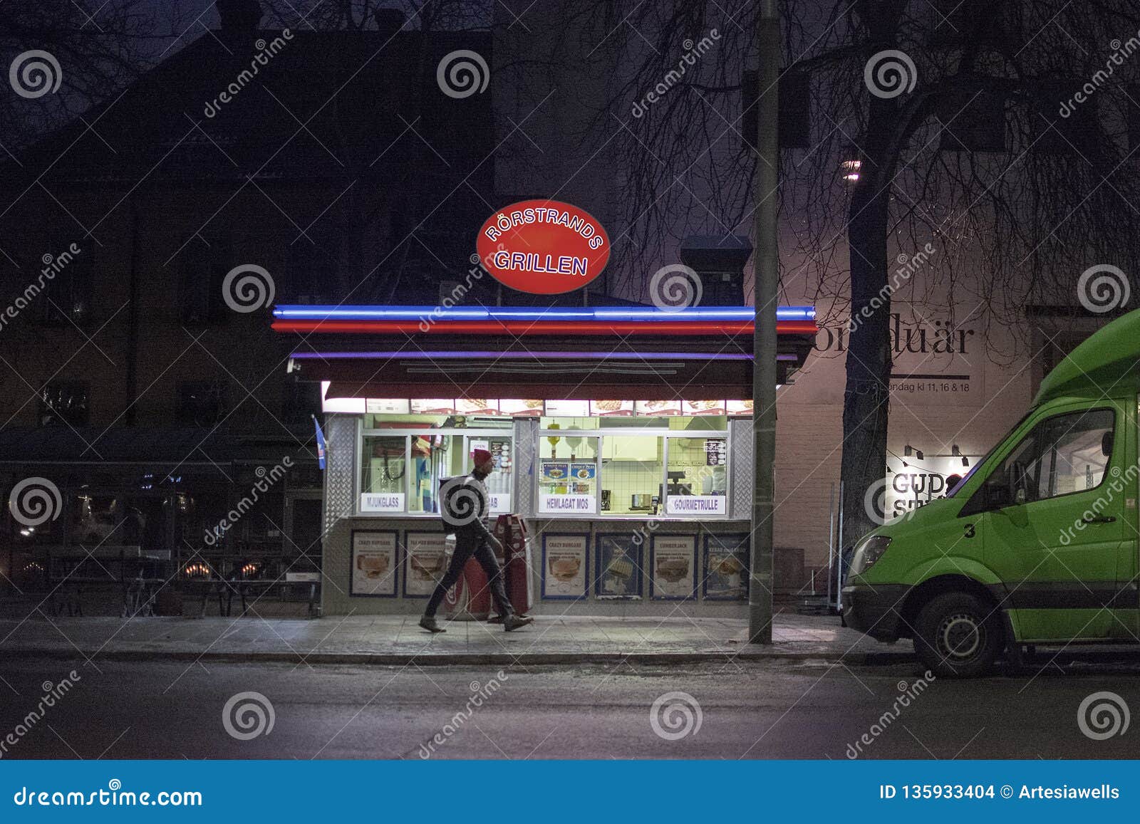 Rorstrandsgrillen Fast Food Hut in Neon Lights at Night Editorial Stock