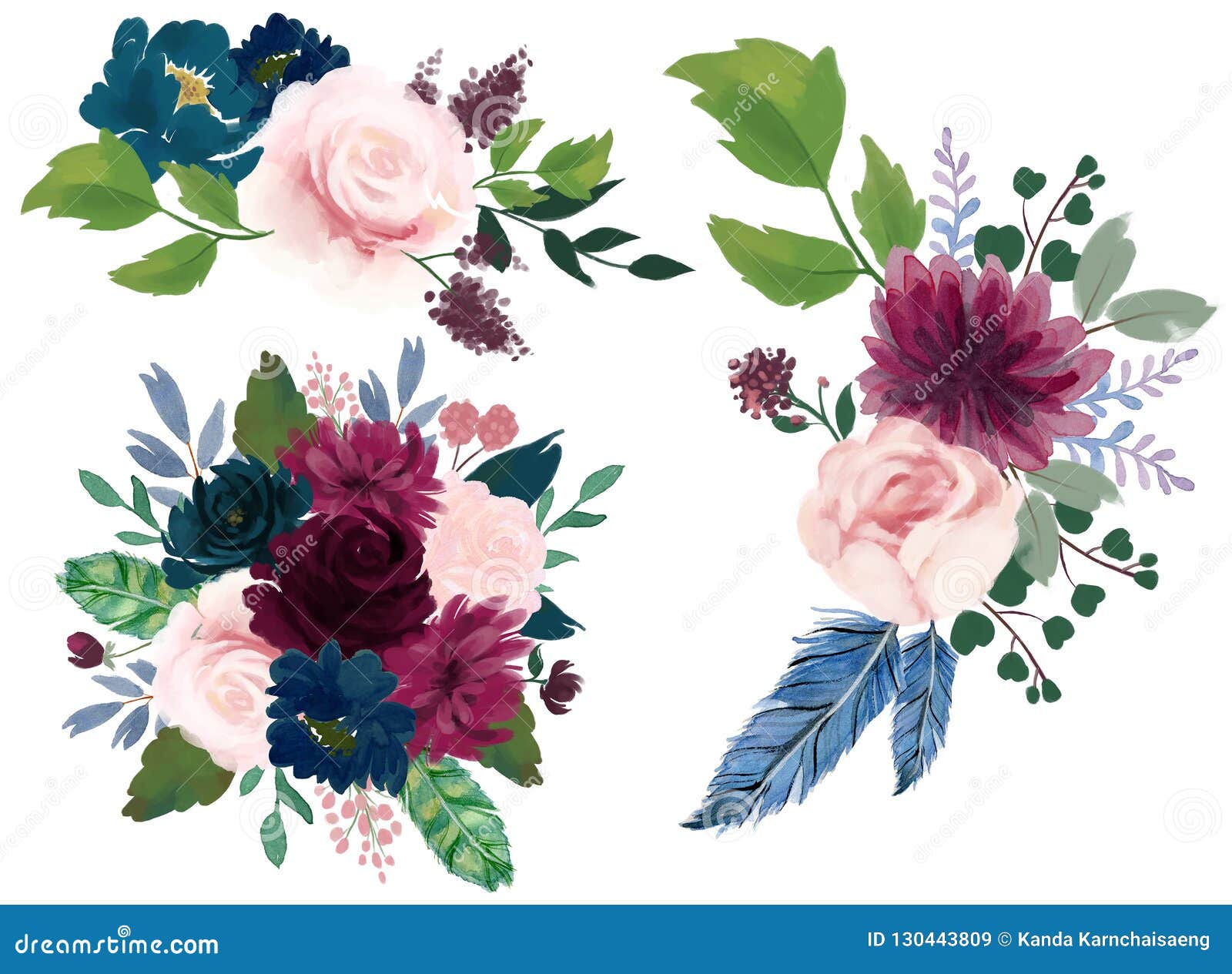 Rosa Floral Borgoña De La Composición Del Vintage De La Acuarela Y Azul De  Marina De Guerra Stock de ilustración - Ilustración de resorte, pluma:  130443809