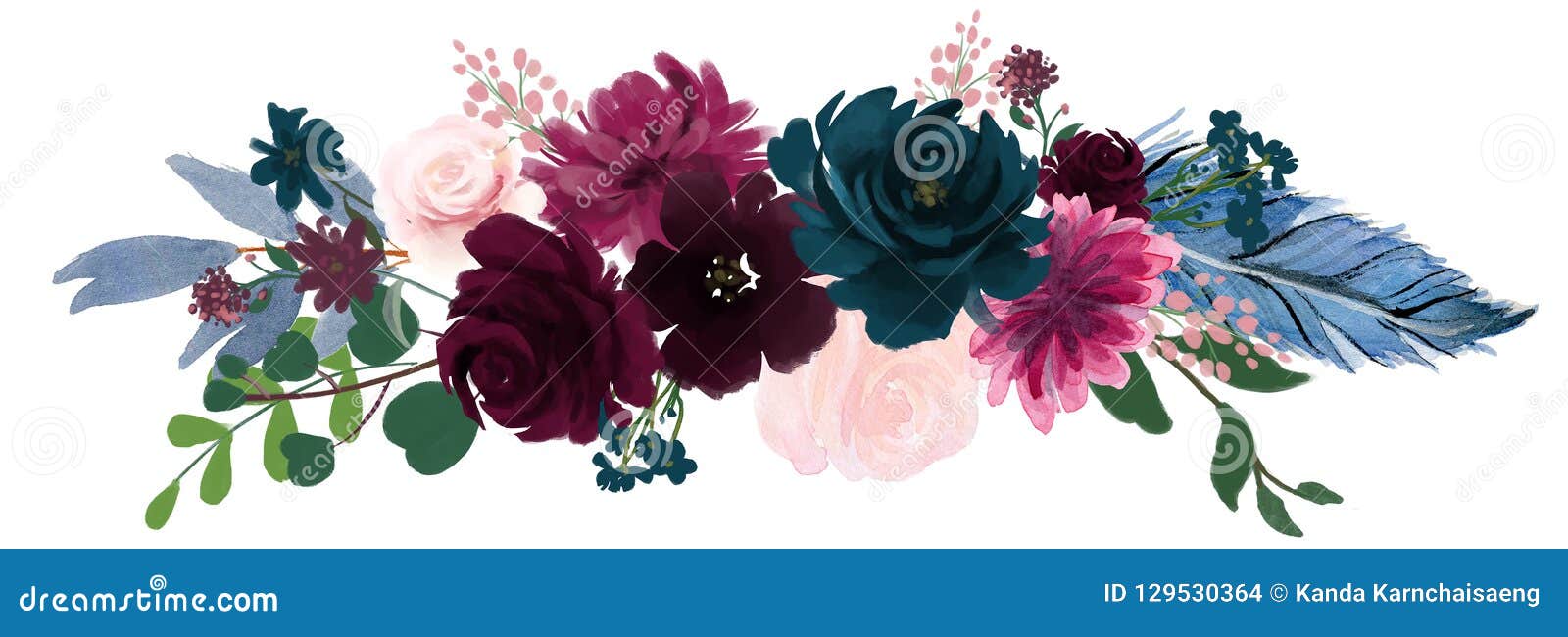 Rosa Floral De La Composición Del Vintage De La Acuarela Y Flores Azules Y  Plumas Del Ramo Floral Stock de ilustración - Ilustración de pluma, saludo:  129530364