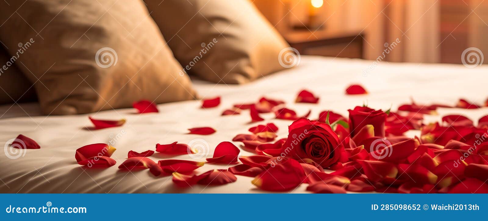 Rose on the Bed in the Hotel Rooms. Rose and Her Petals on the Bed for