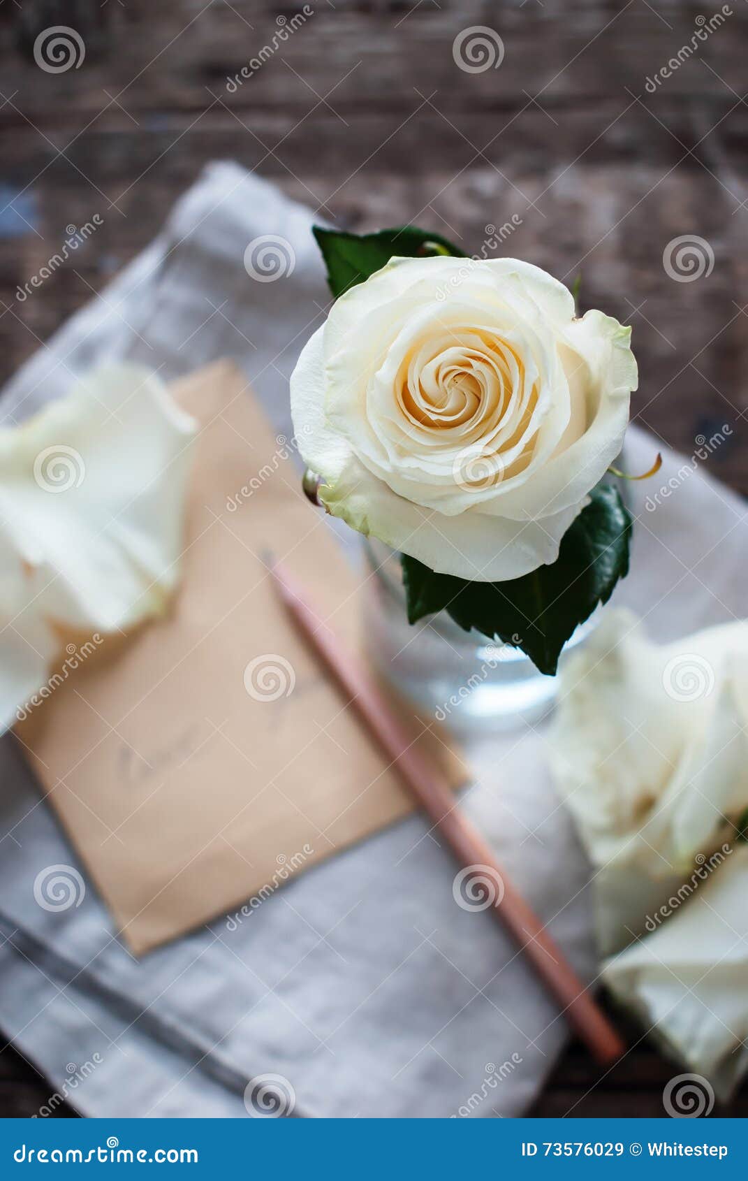 Rose Blanche Dans Le Verre Et La Lettre Avec Le Crayon Amour De Message  Vous Image stock - Image du cadeau, brun: 73576029