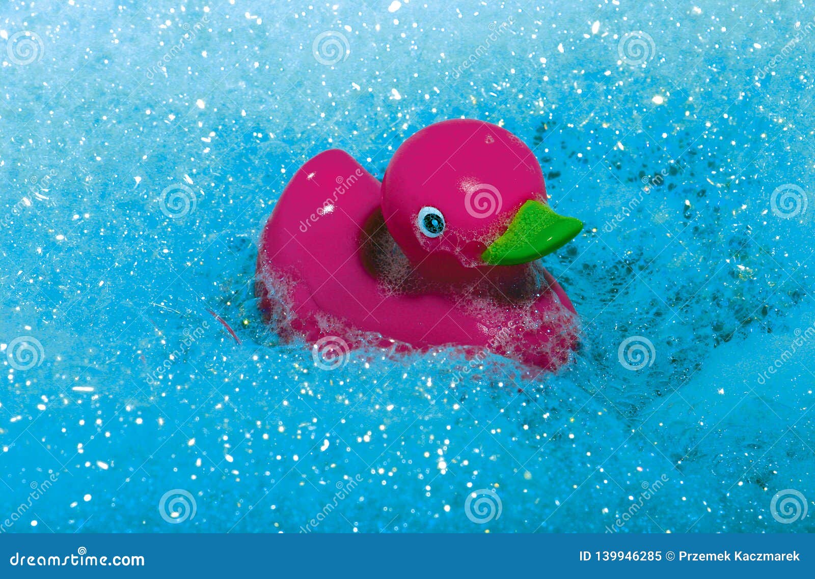 Rose Duck Floating on Blue Bubbles. Stock Image Image of house, pink