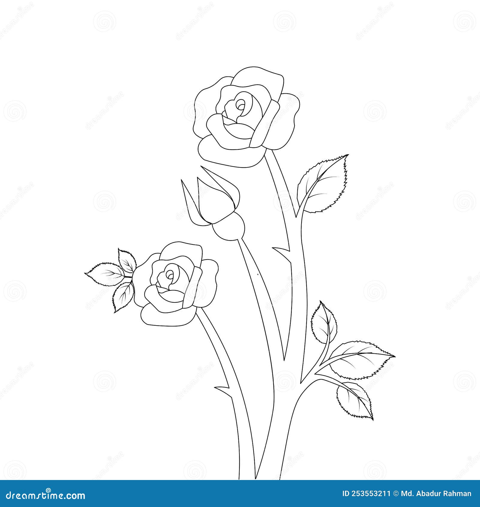 Rose Flower Coloring Page Template for Kids Educational Print Element ...