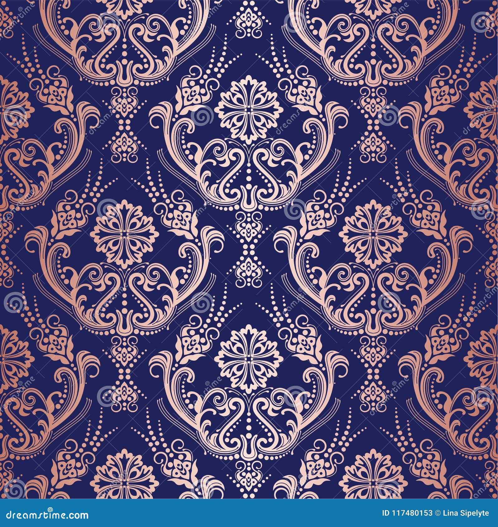 Rose Gold Floral Damask Wallpaper On Navy Background Stock Vector Illustration Of Beautiful Cover 117480153