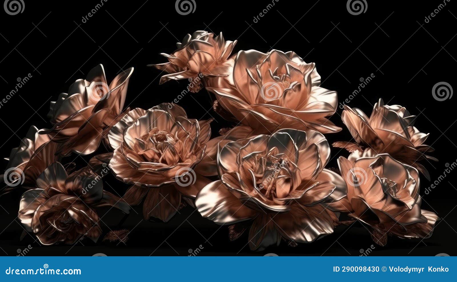 Rose Gold Flowers on a Black Background. Generative Ai Stock Photo