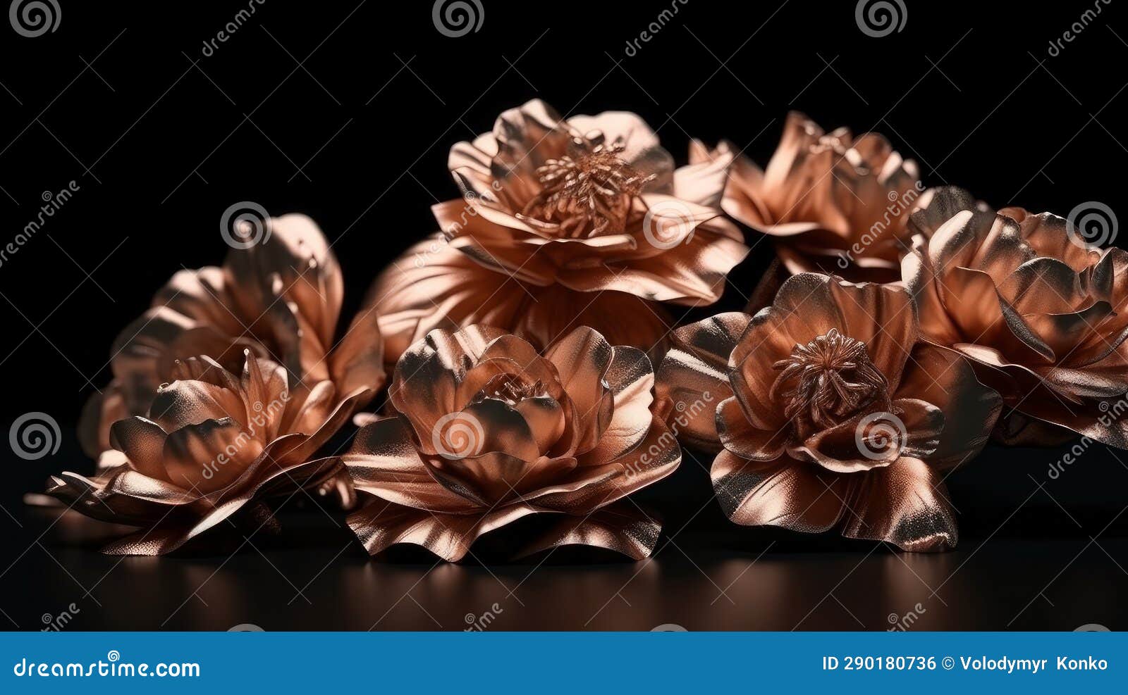 Rose Gold Flowers on a Black Background. Generative Ai Stock Photo