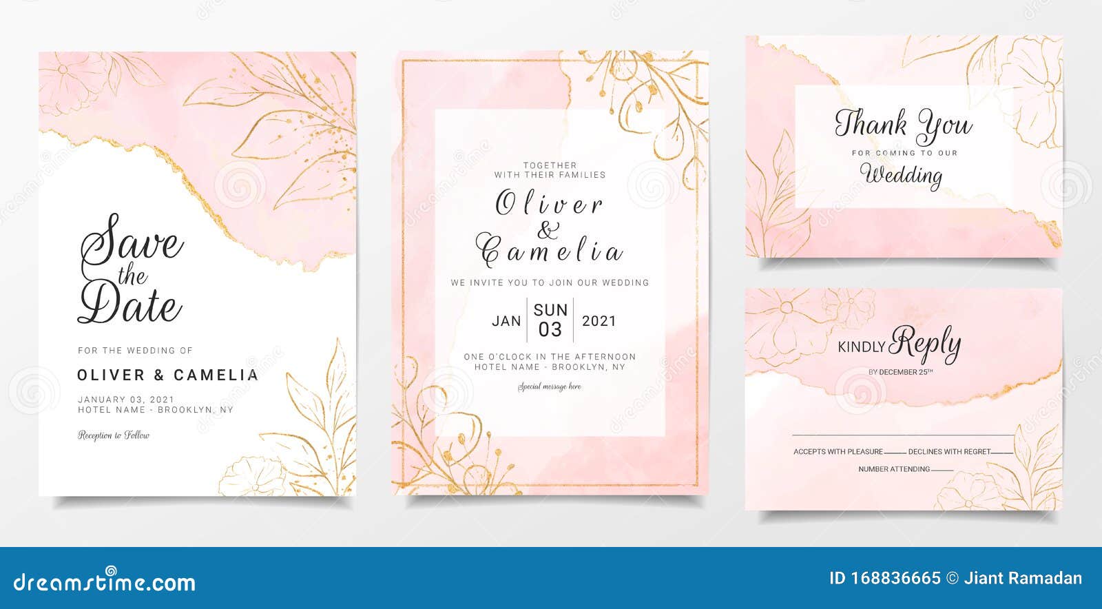 rose gold watercolor wedding invitation card template set with golden floral decoration. abstract background save the date,