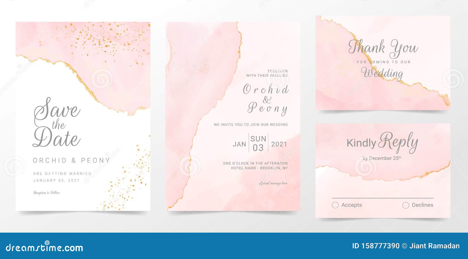 rose gold wedding invitation cards template set. artistic watercolor background of pink brush stroke splash. abstract foil 