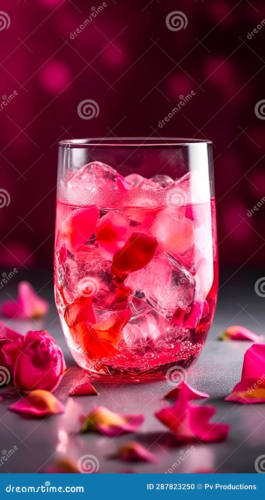 Rose Lemonade with Ice and Fresh Roses Petals, Generative AI. Stock