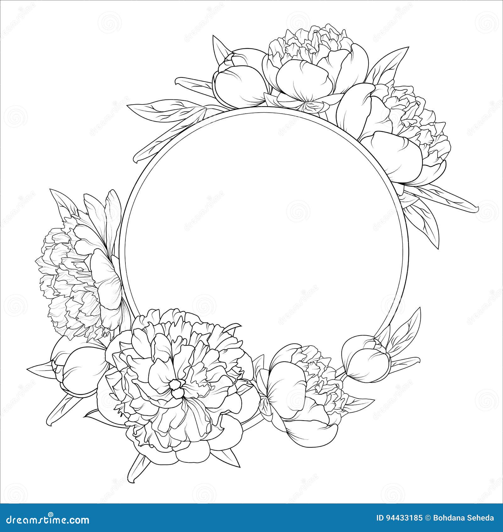 Rose Peony Flowers Roung Wreath Frame Template Stock Vector