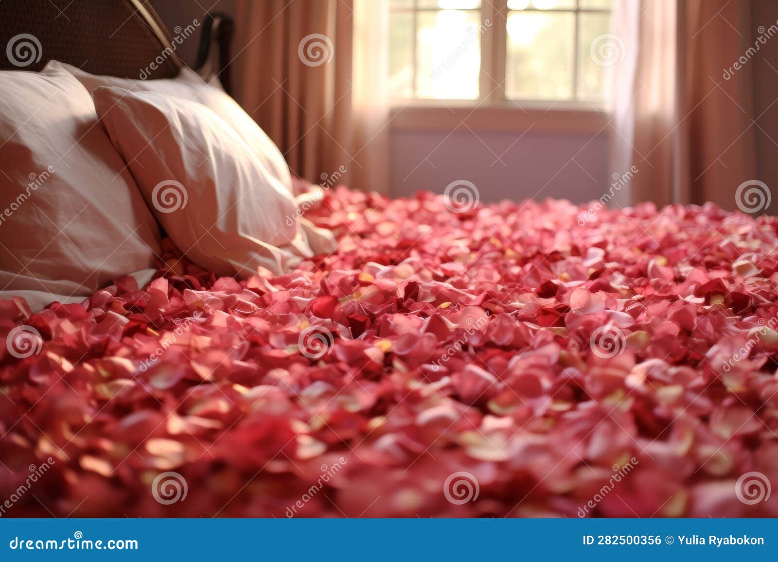 Rose Petals Romantic Bed Design. Generate Ai Stock Illustration