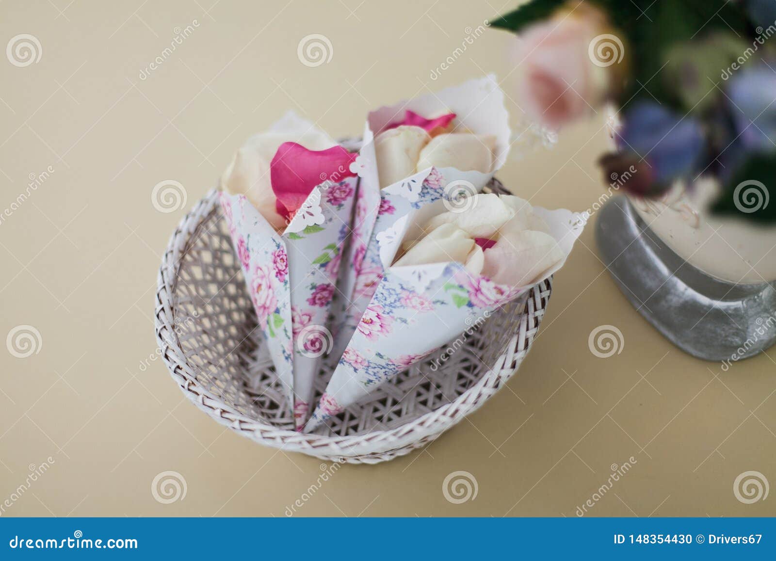 Rose Petals in White Envelopes. Closeup Stock Photo Image of
