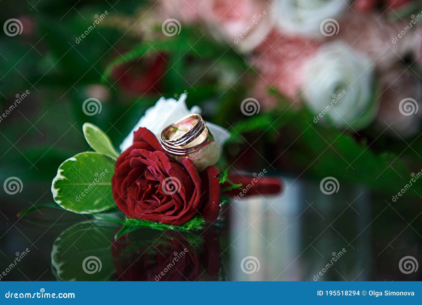 Rose Rouge Foncé Dans Le Boutonniere De Mariés Avec Deux Anneaux De Mariage  D'or Sur Le Fond Des Fleurs Du Bouquet De Jeunes Marié Photo stock - Image  du rouge, floral: 195518294