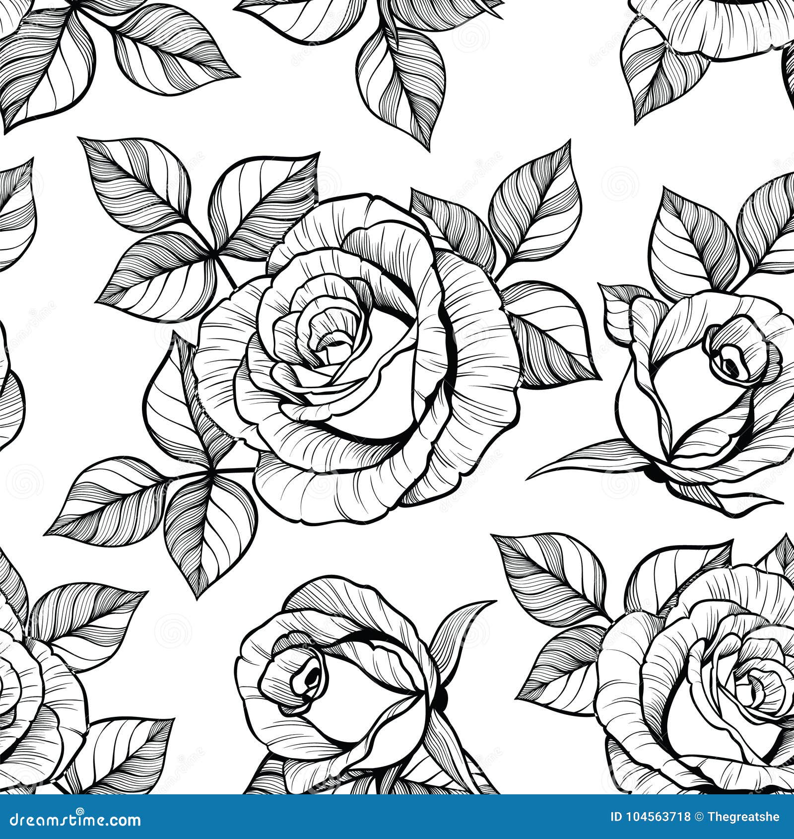 Rose Seamless Pattern. Isolated Black Line Art Stock Vector