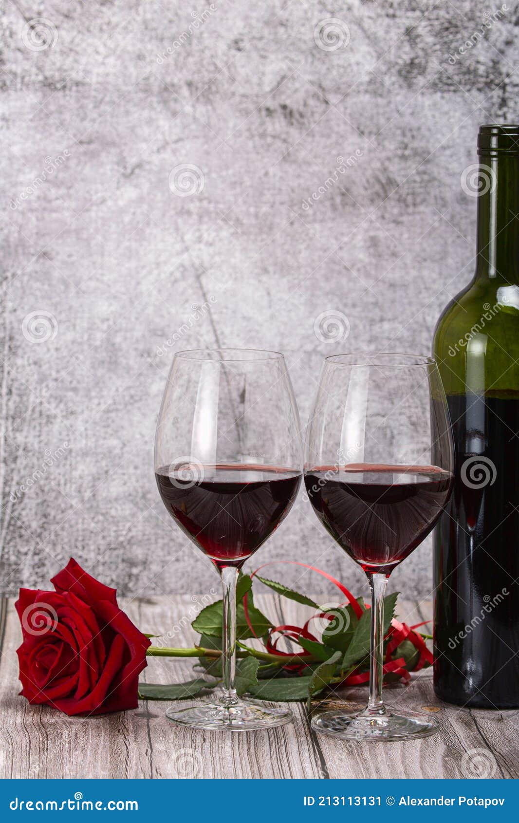Rose Single Flower and Two Red Wine Glasses Stock Image Image of