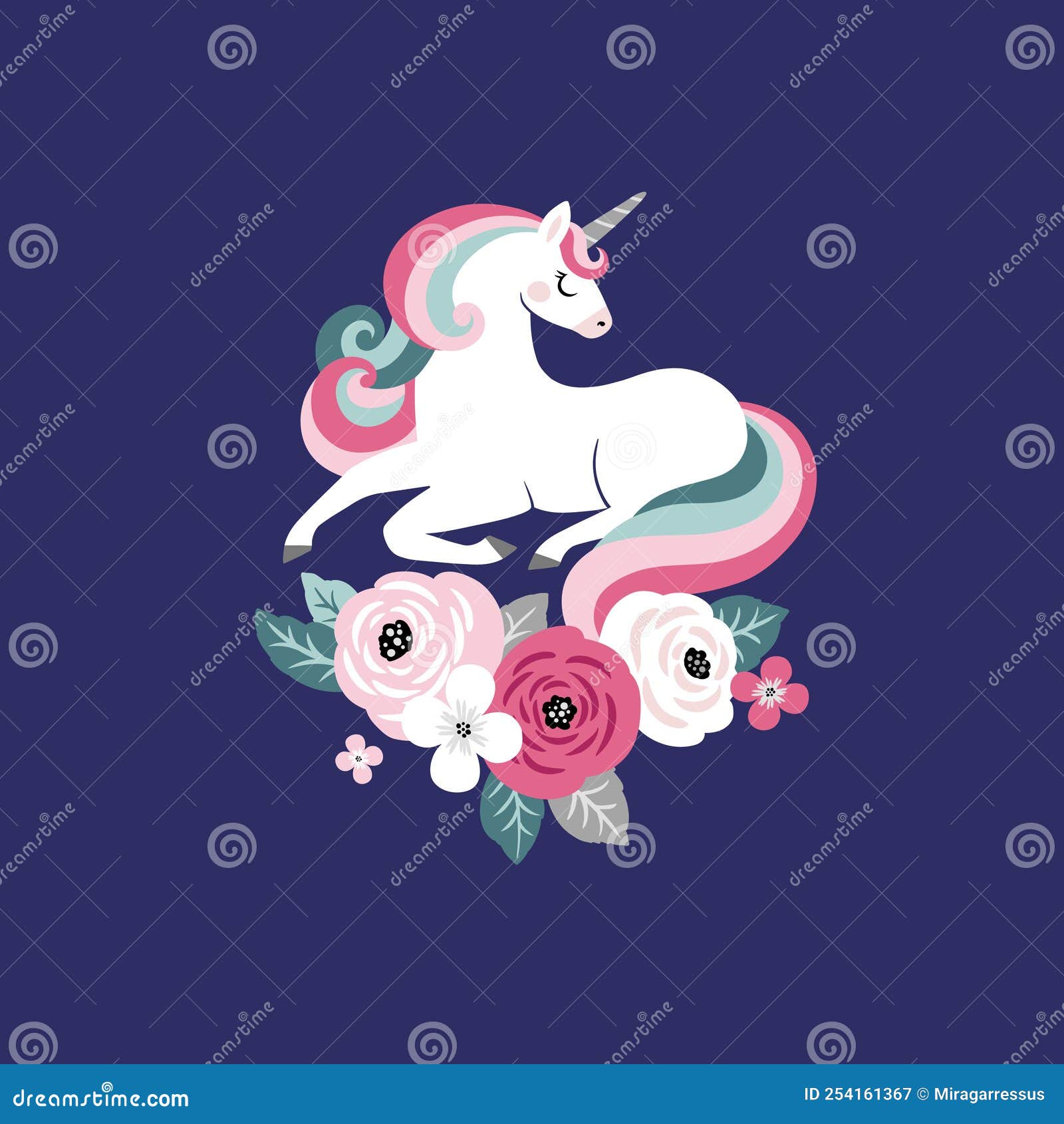 Cute Vector Unicorn with Vintage Flowers on Dark Blue Background. Stock