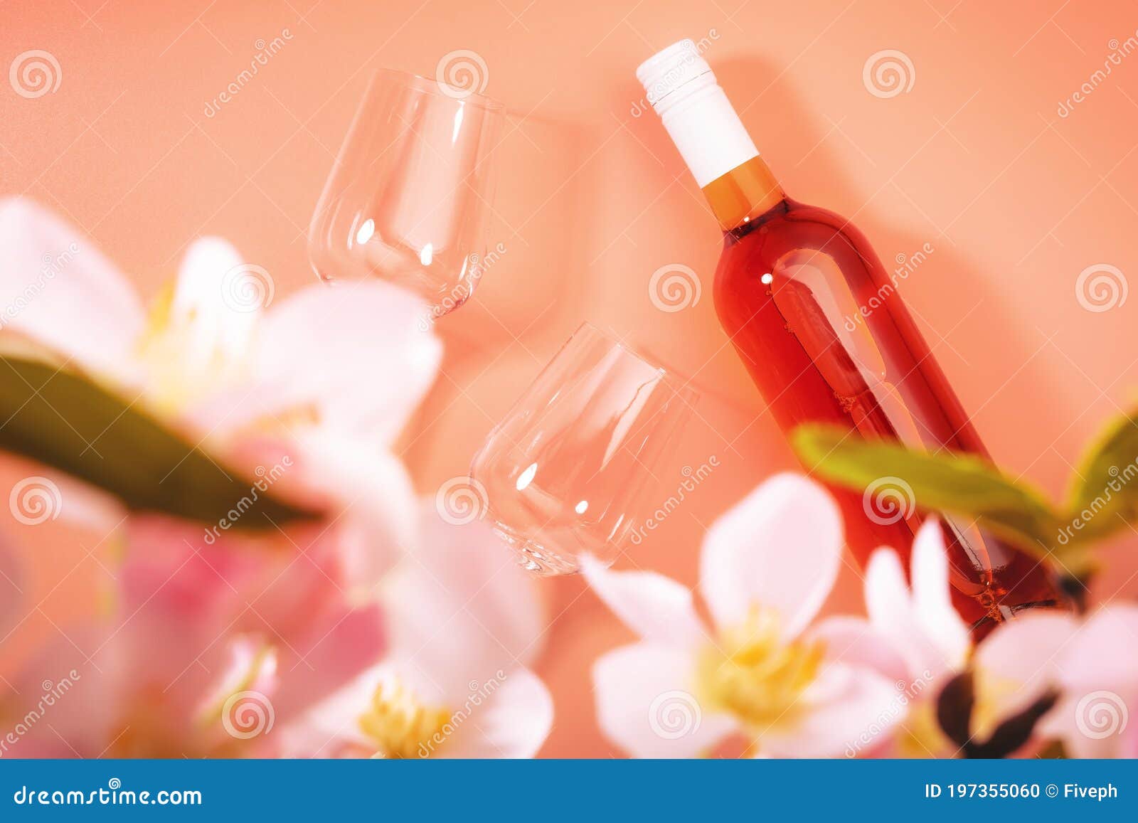 rose wine glass with bottle on pink background. rosado, rosato or blush wine tasting in wineshop, bar concept. copy space, top