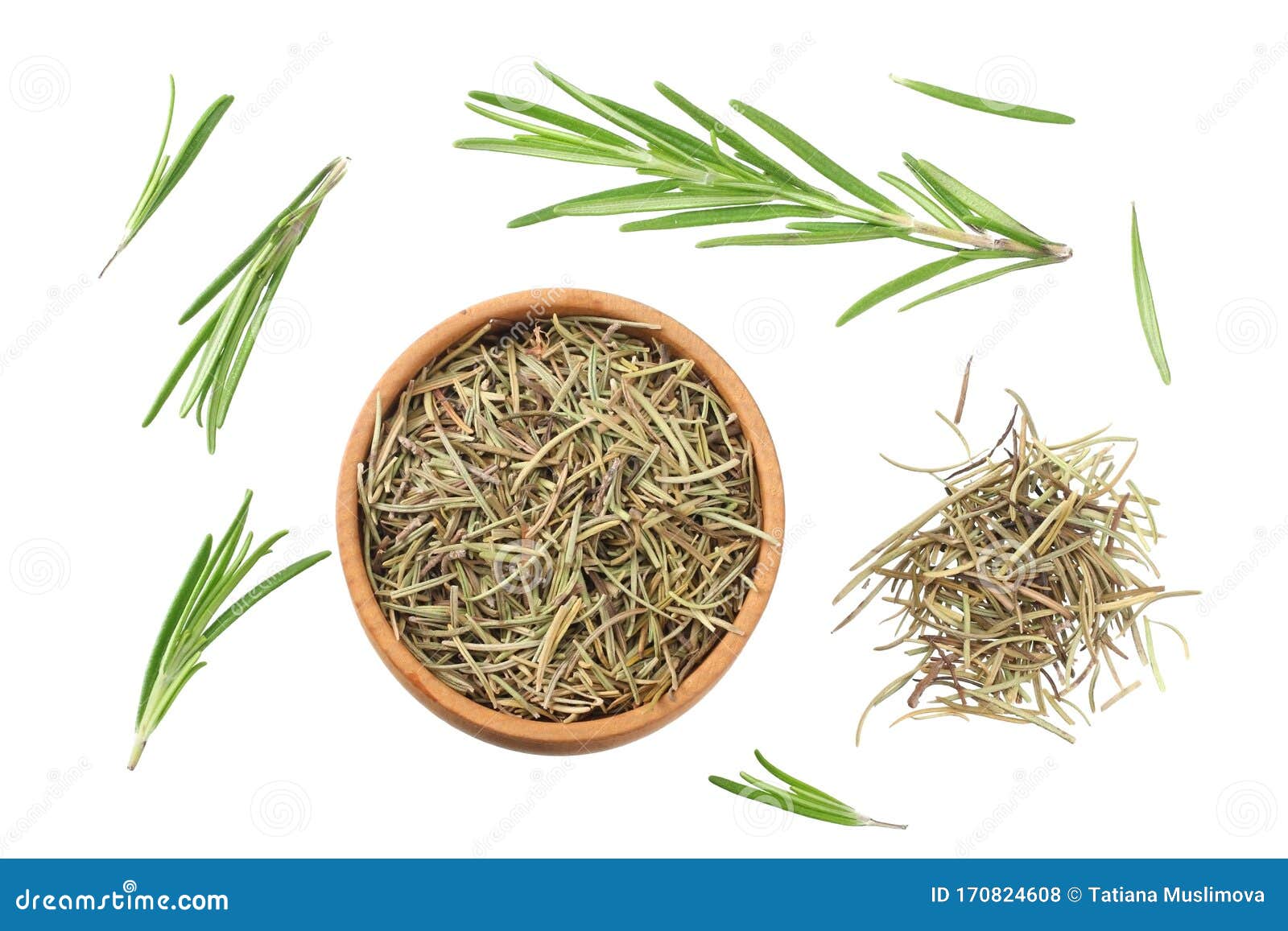Rosemary Leaves Isolated on White Background. Top View Stock Photo