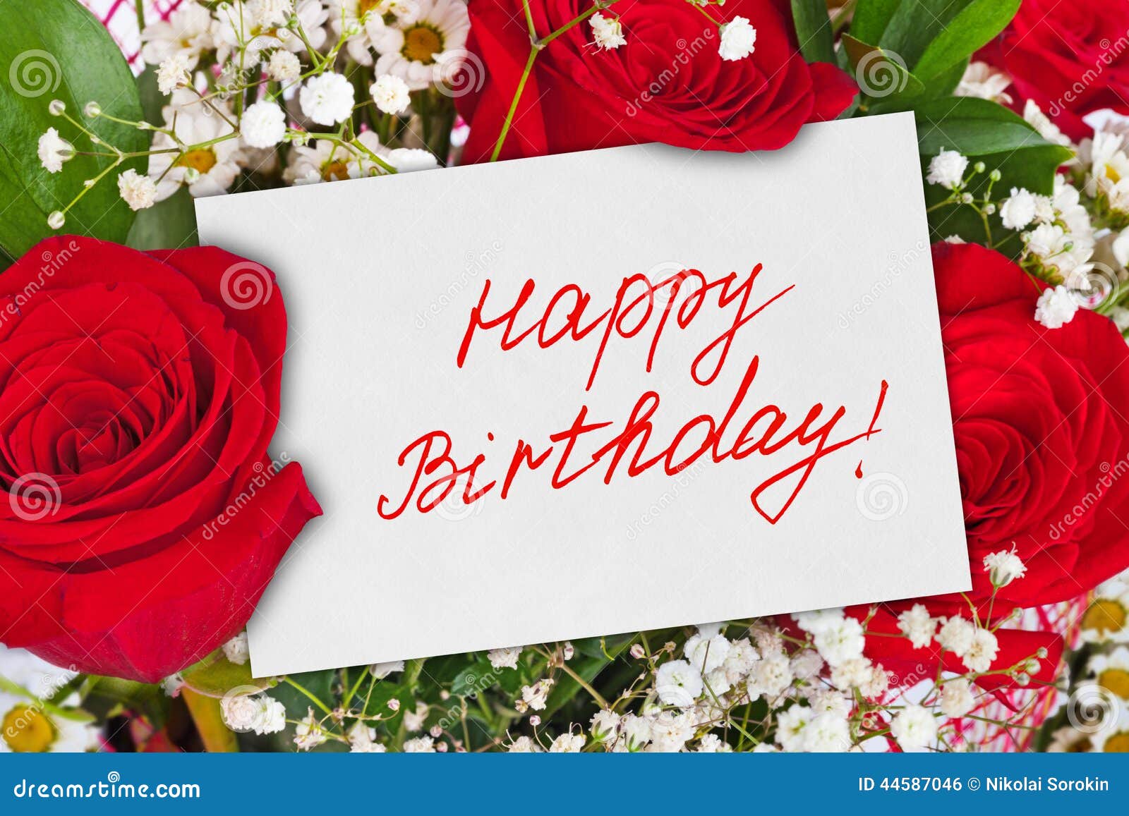 Roses Bouquet and Card Happy Birthday Stock Photo - Image of ...