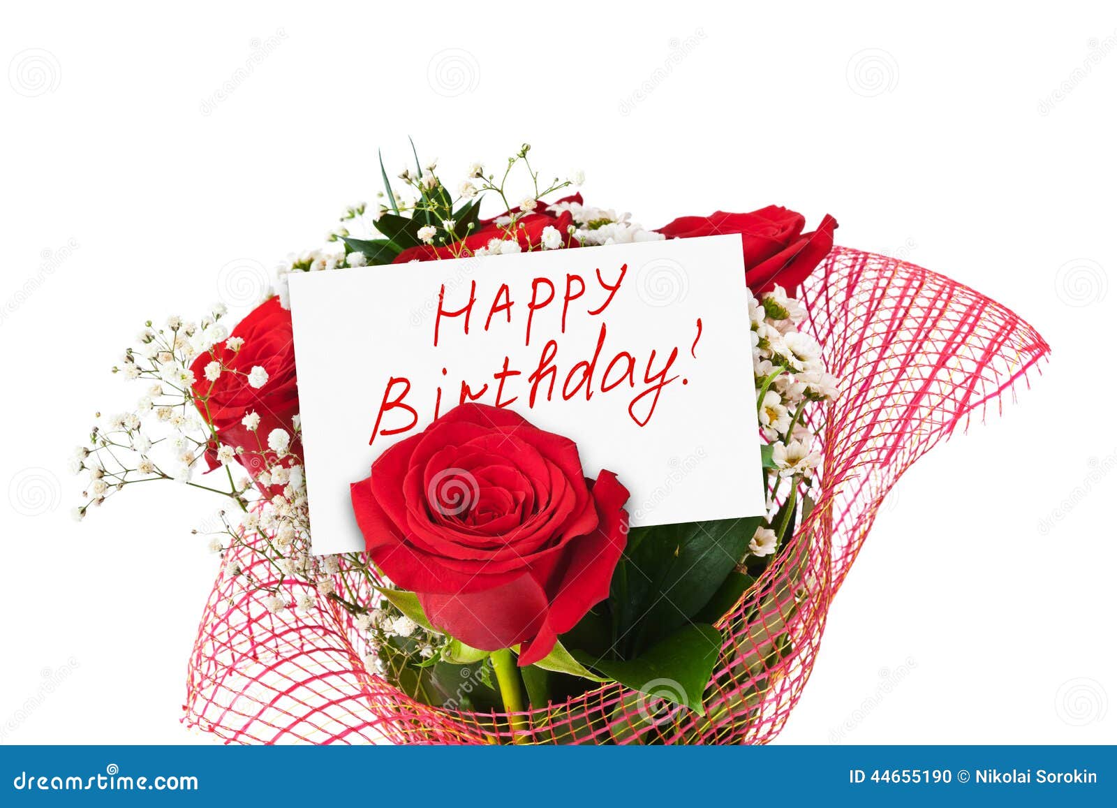 Roses Bouquet and Card Happy Birthday Stock Photo - Image of label ...