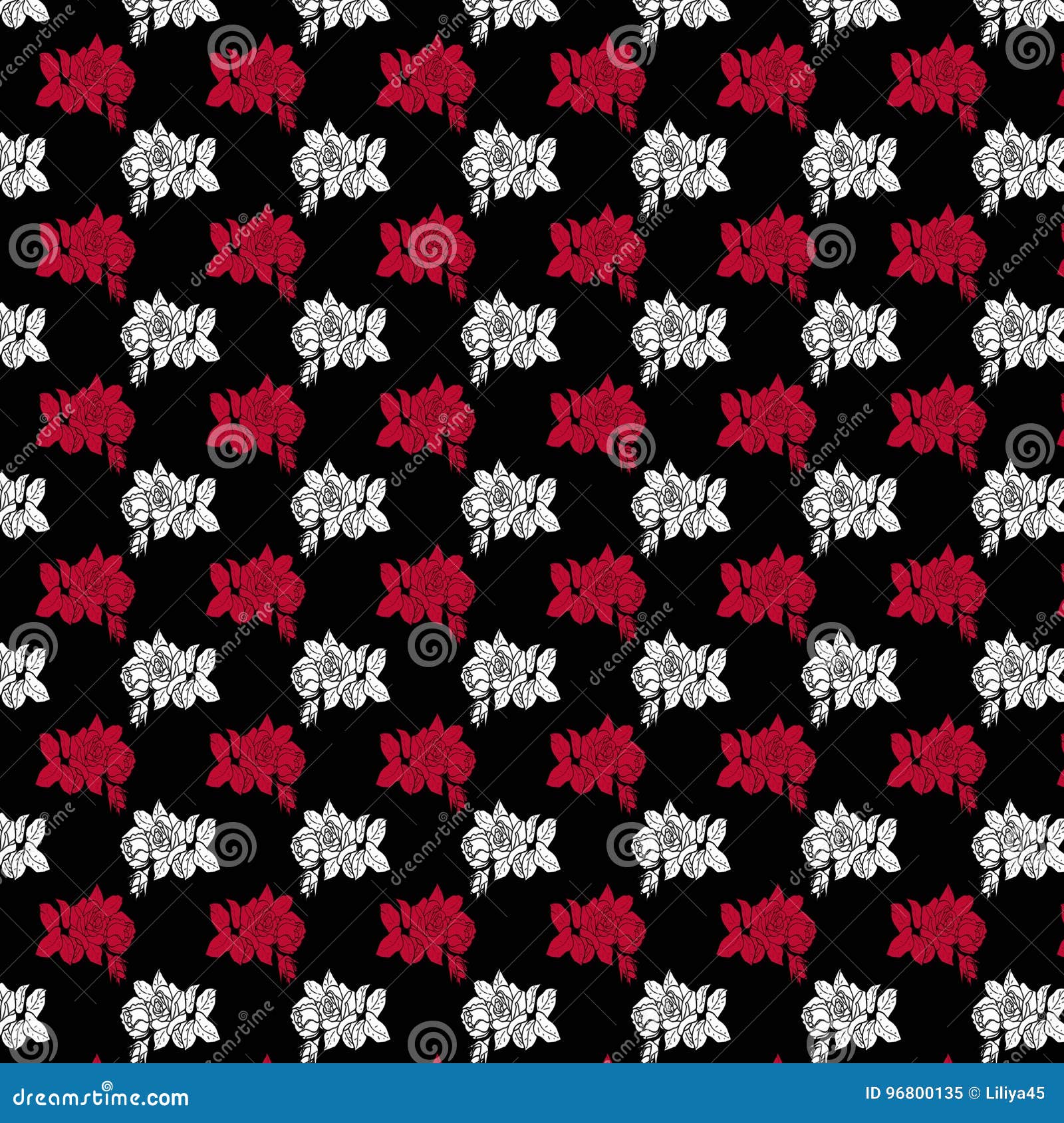 White and red roses pattern on black background.