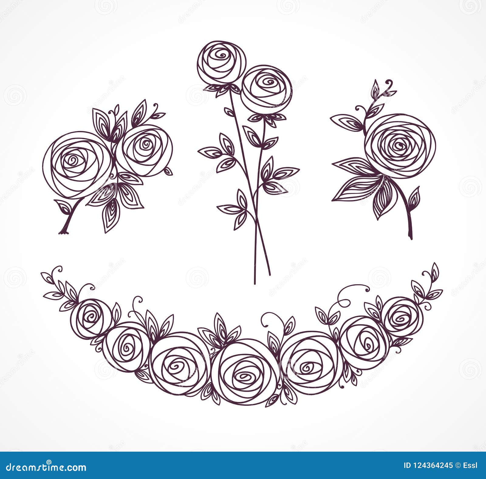 Roses Set Collection Of Roses Bouquets Stylized Flower Hand