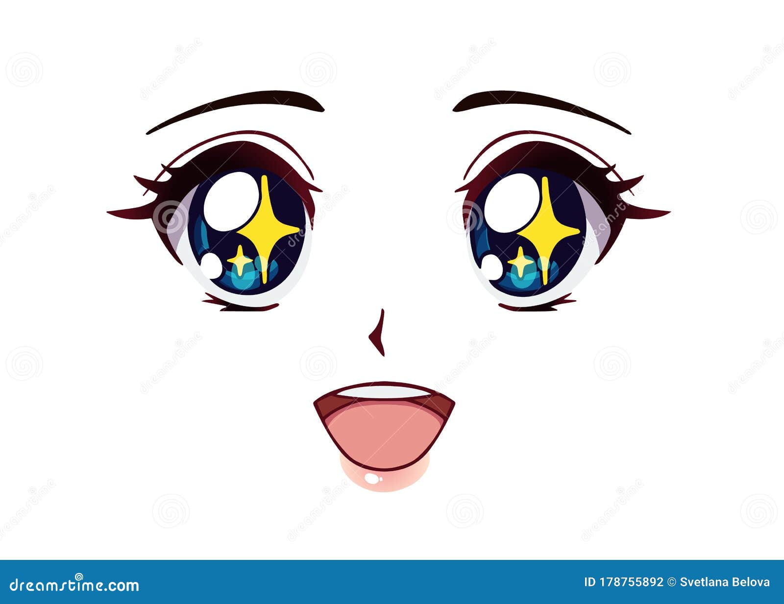 Cara de anime feliz. olhos fechados, mangá, nariz pequeno e boca kawaii.  mão de ilustração vetorial desenhada