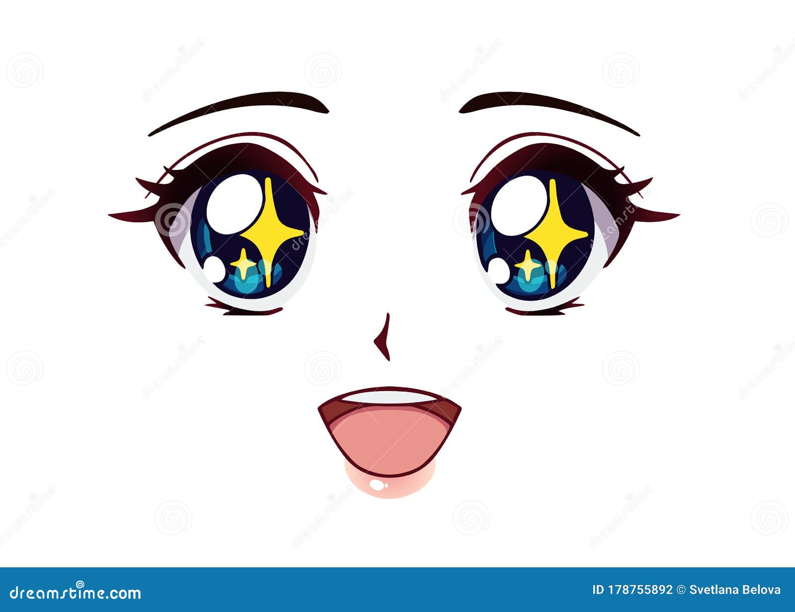 Rosto triste de anime. olhos grandes de estilo mangá, nariz